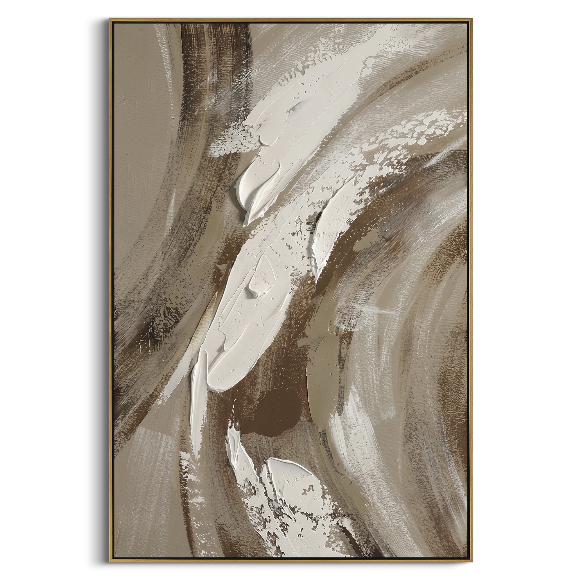 Taupe White Sweeping Abstract focuses on this hand-painted textured canvas features sweeping taupe and brown brush arcs with raised white palette-knife strokes and soft neutral motion. The composition is described from the actual main image, so the visible subject, color balance, spacing, and surface movement stay specific to this product instead of reading like a batch title. Raised palette-knife layers, sculpted impasto ridges, softened brush transitions, and tactile handmade texture give the