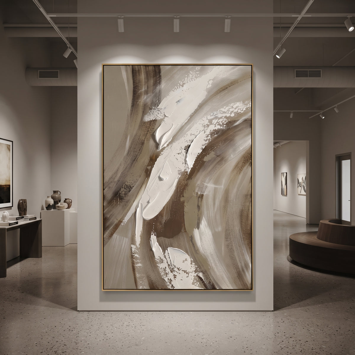 Taupe White Sweeping Abstract focuses on this hand-painted textured canvas features sweeping taupe and brown brush arcs with raised white palette-knife strokes and soft neutral motion. The composition is described from the actual main image, so the visible subject, color balance, spacing, and surface movement stay specific to this product instead of reading like a batch title. Raised palette-knife layers, sculpted impasto ridges, softened brush transitions, and tactile handmade texture give the