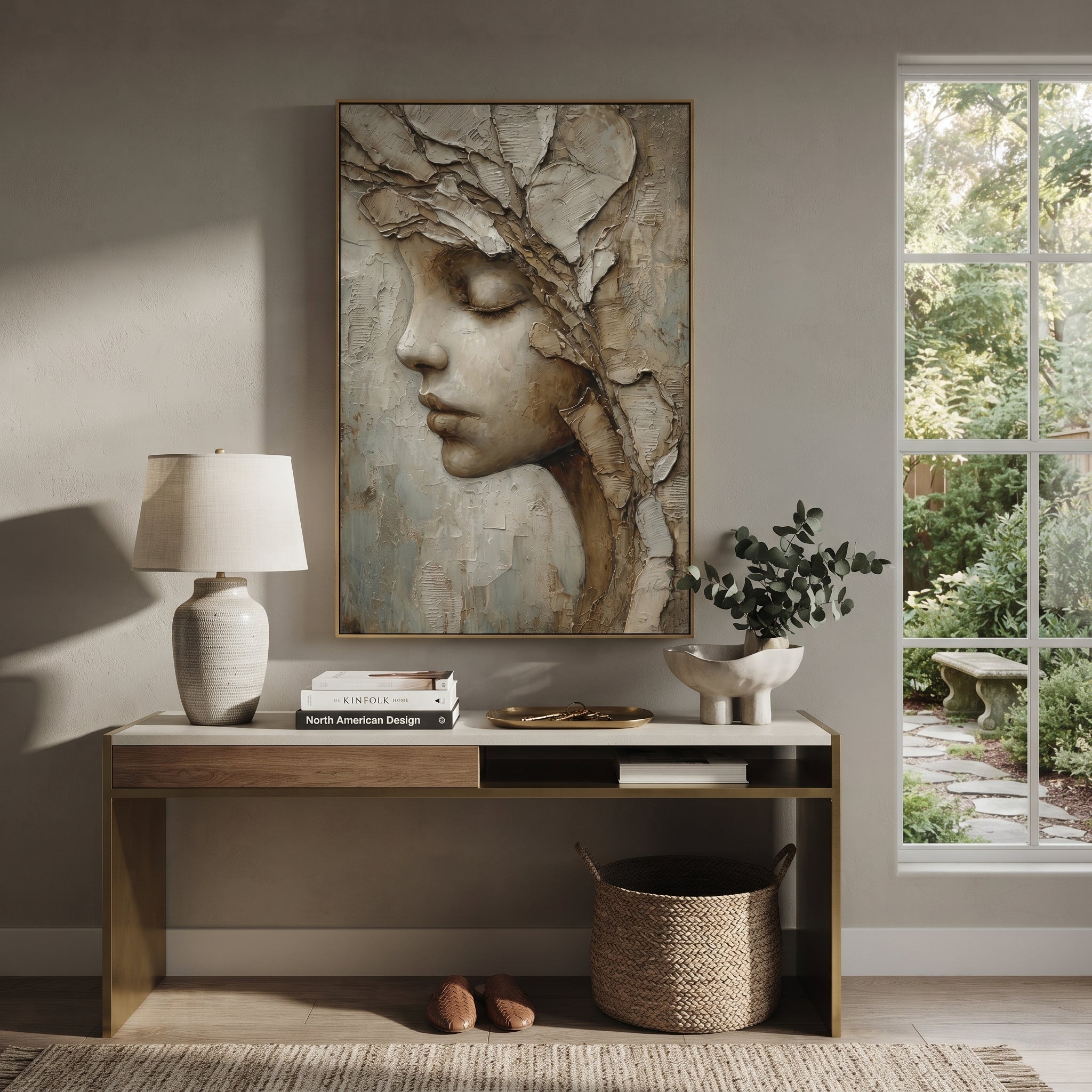 Textured Woman Profile Relief focuses on this hand-painted textured canvas features a serene woman profile with closed eyes, sculptural leaf-like hair texture, and layered neutral plaster detail. The composition is described from the actual main image, so the visible subject, color balance, spacing, and surface movement stay specific to this product instead of reading like a batch title. Raised palette-knife layers, sculpted impasto ridges, softened brush transitions, and tactile handmade