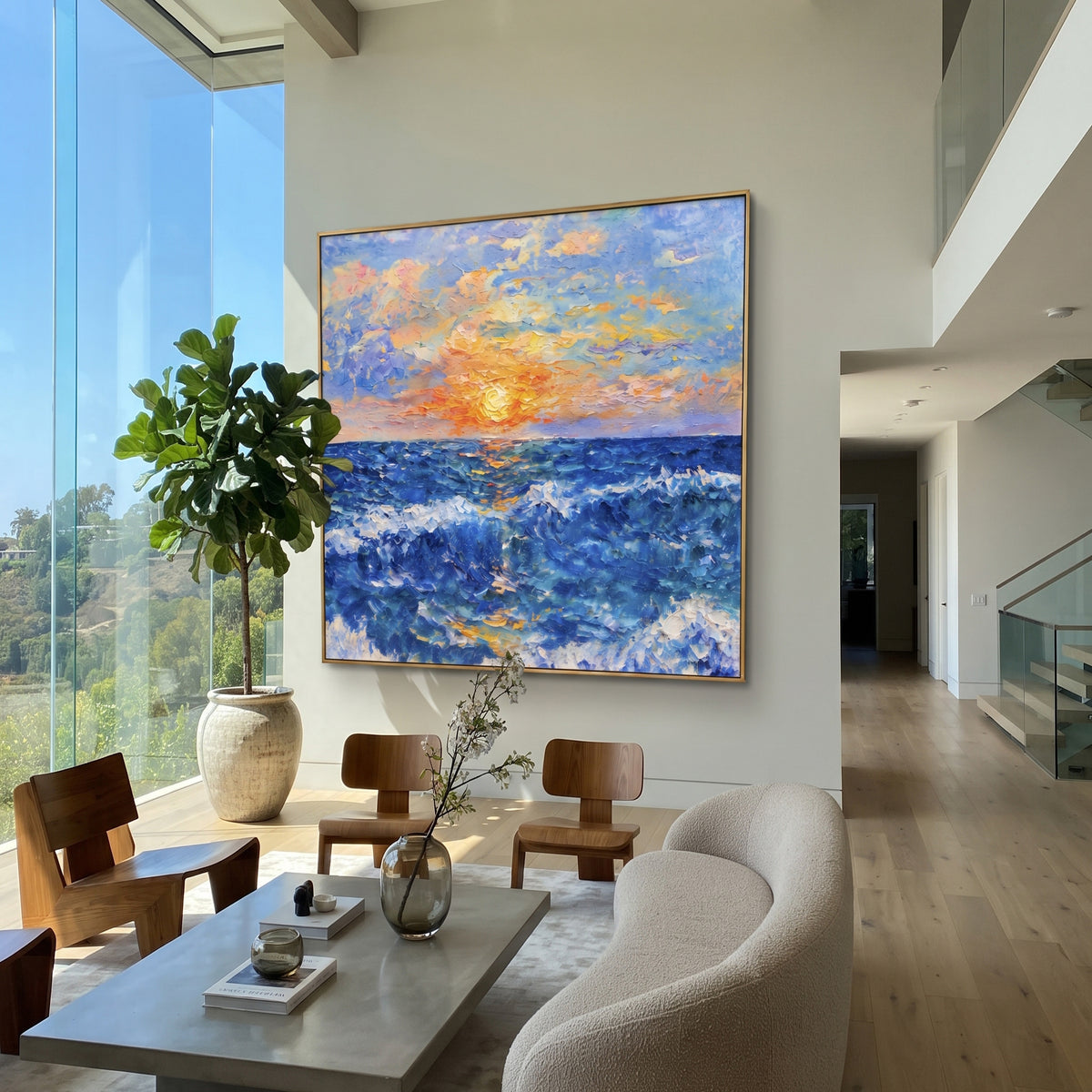 Sunset Ocean Wave Impasto focuses on this hand-painted textured canvas features a glowing ocean sunset with deep blue waves, orange-yellow sky light, and thick impasto surf texture. The composition is described from the actual main image, so the visible subject, color balance, spacing, and surface movement stay specific to this product instead of reading like a batch title. Raised palette-knife layers, sculpted impasto ridges, softened brush transitions, and tactile handmade texture give the