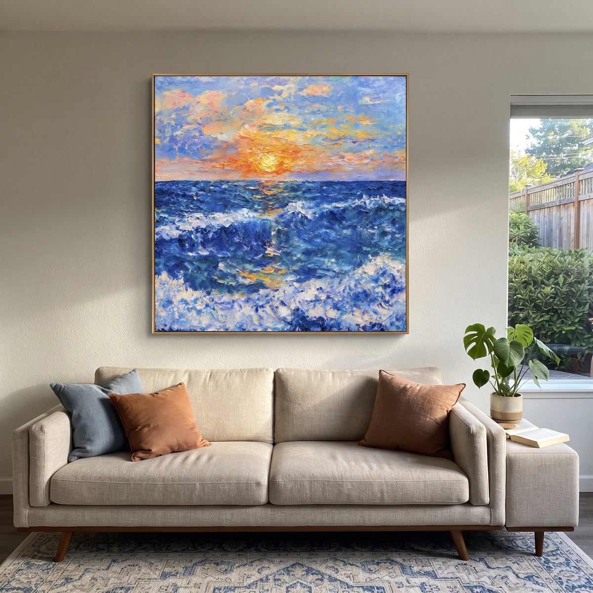 Sunset Ocean Wave Impasto focuses on this hand-painted textured canvas features a glowing ocean sunset with deep blue waves, orange-yellow sky light, and thick impasto surf texture. The composition is described from the actual main image, so the visible subject, color balance, spacing, and surface movement stay specific to this product instead of reading like a batch title. Raised palette-knife layers, sculpted impasto ridges, softened brush transitions, and tactile handmade texture give the