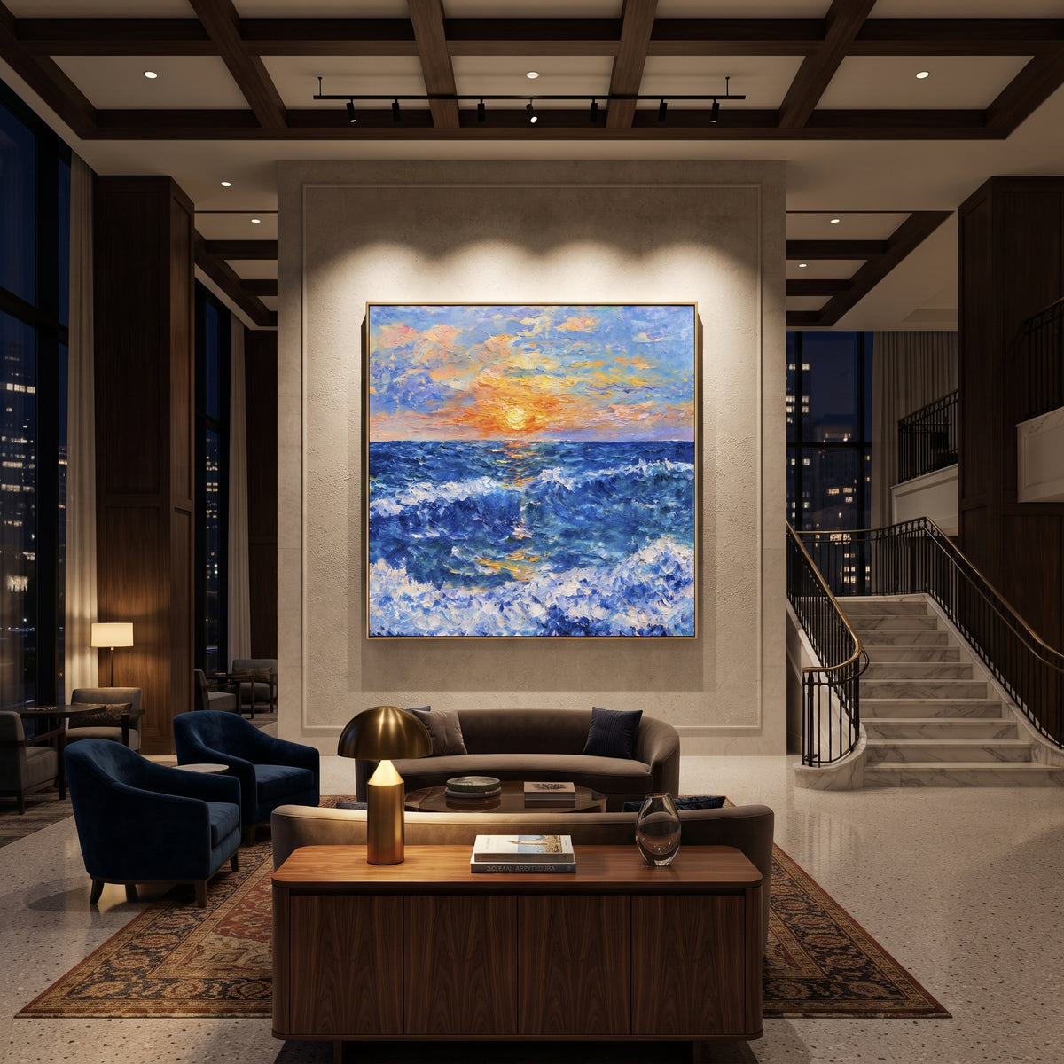 Sunset Ocean Wave Impasto focuses on this hand-painted textured canvas features a glowing ocean sunset with deep blue waves, orange-yellow sky light, and thick impasto surf texture. The composition is described from the actual main image, so the visible subject, color balance, spacing, and surface movement stay specific to this product instead of reading like a batch title. Raised palette-knife layers, sculpted impasto ridges, softened brush transitions, and tactile handmade texture give the