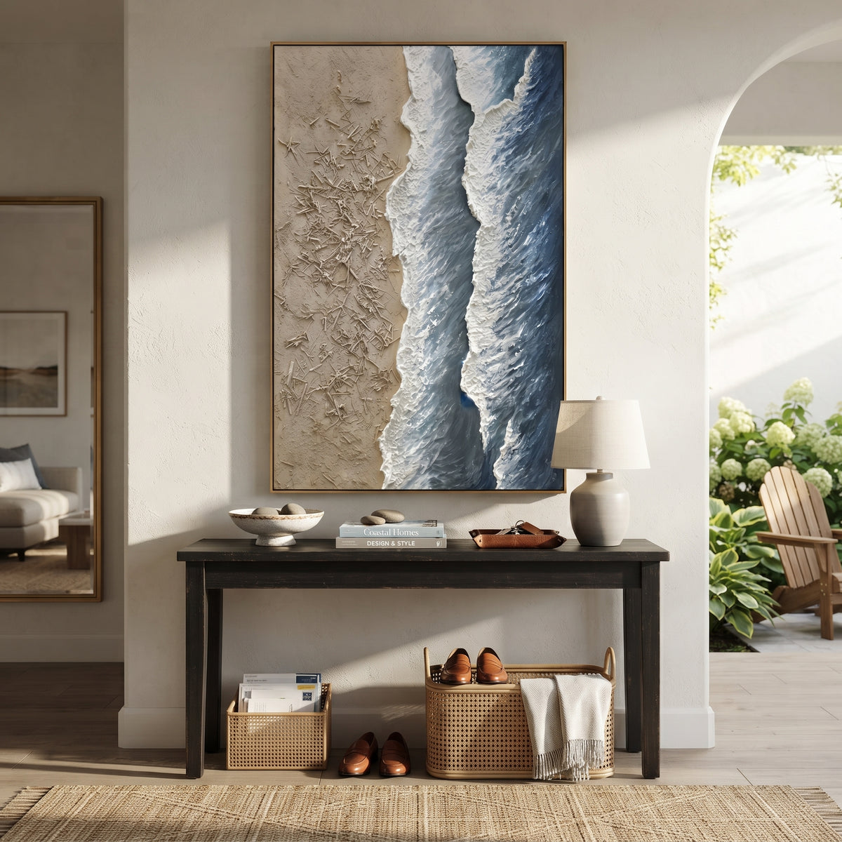 Aerial Blue Shore Relief focuses on this hand-painted textured canvas features a vertical aerial shoreline with textured beige sand, blue water bands, and raised white foam ridges. The composition is described from the actual main image, so the visible subject, color balance, spacing, and surface movement stay specific to this product instead of reading like a batch title. Raised palette-knife layers, sculpted impasto ridges, softened brush transitions, and tactile handmade texture give the