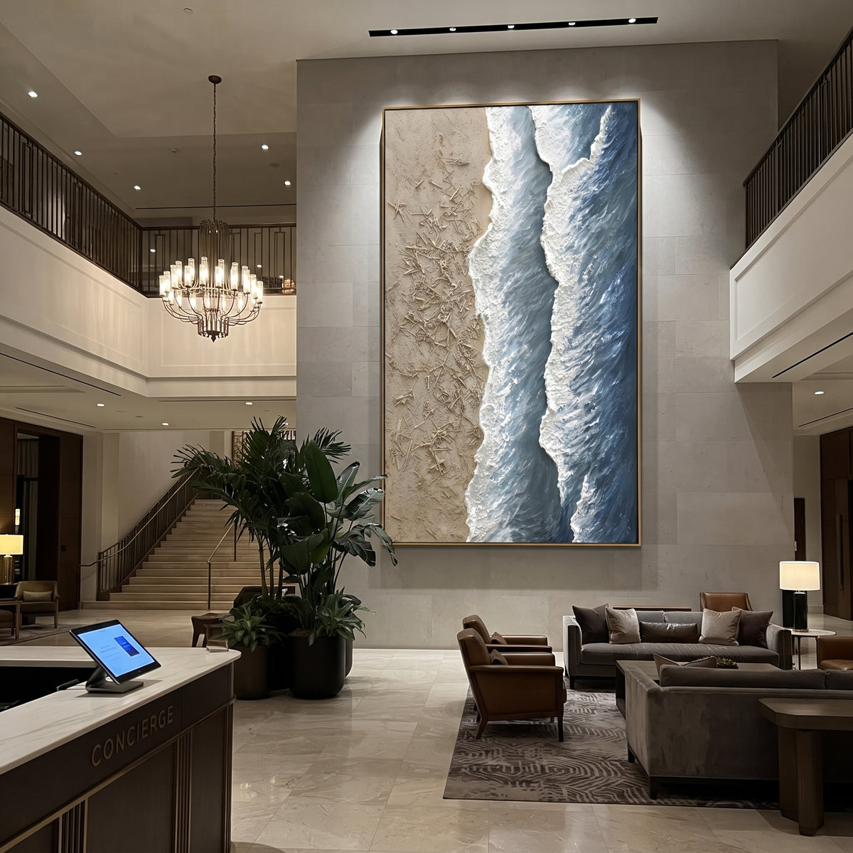 Aerial Blue Shore Relief focuses on this hand-painted textured canvas features a vertical aerial shoreline with textured beige sand, blue water bands, and raised white foam ridges. The composition is described from the actual main image, so the visible subject, color balance, spacing, and surface movement stay specific to this product instead of reading like a batch title. Raised palette-knife layers, sculpted impasto ridges, softened brush transitions, and tactile handmade texture give the