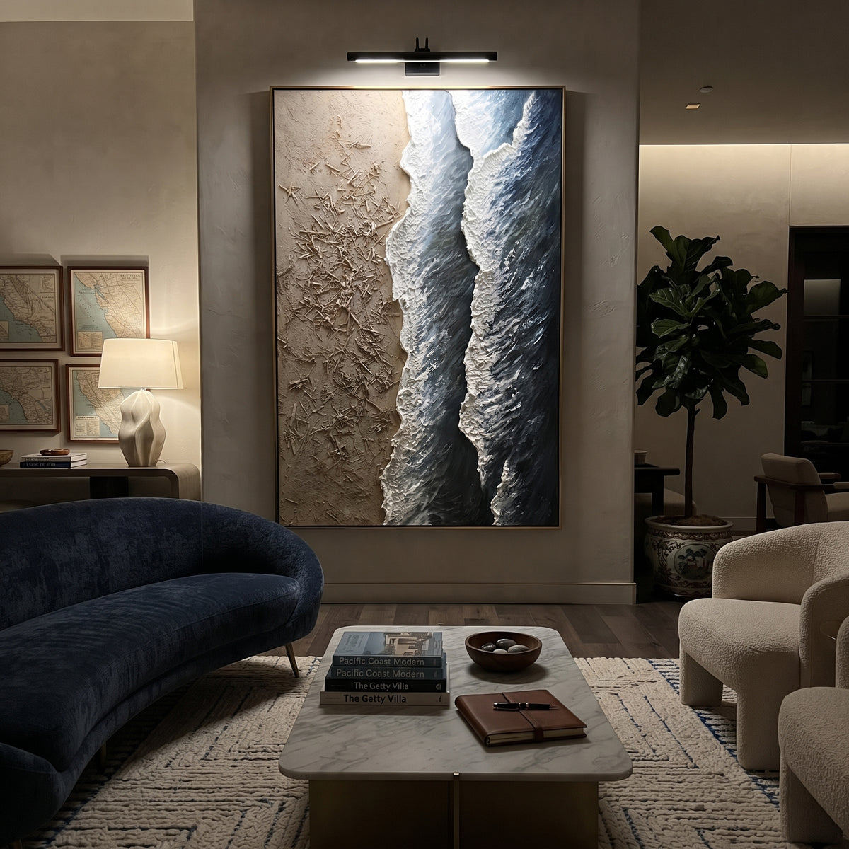 Aerial Blue Shore Relief focuses on this hand-painted textured canvas features a vertical aerial shoreline with textured beige sand, blue water bands, and raised white foam ridges. The composition is described from the actual main image, so the visible subject, color balance, spacing, and surface movement stay specific to this product instead of reading like a batch title. Raised palette-knife layers, sculpted impasto ridges, softened brush transitions, and tactile handmade texture give the
