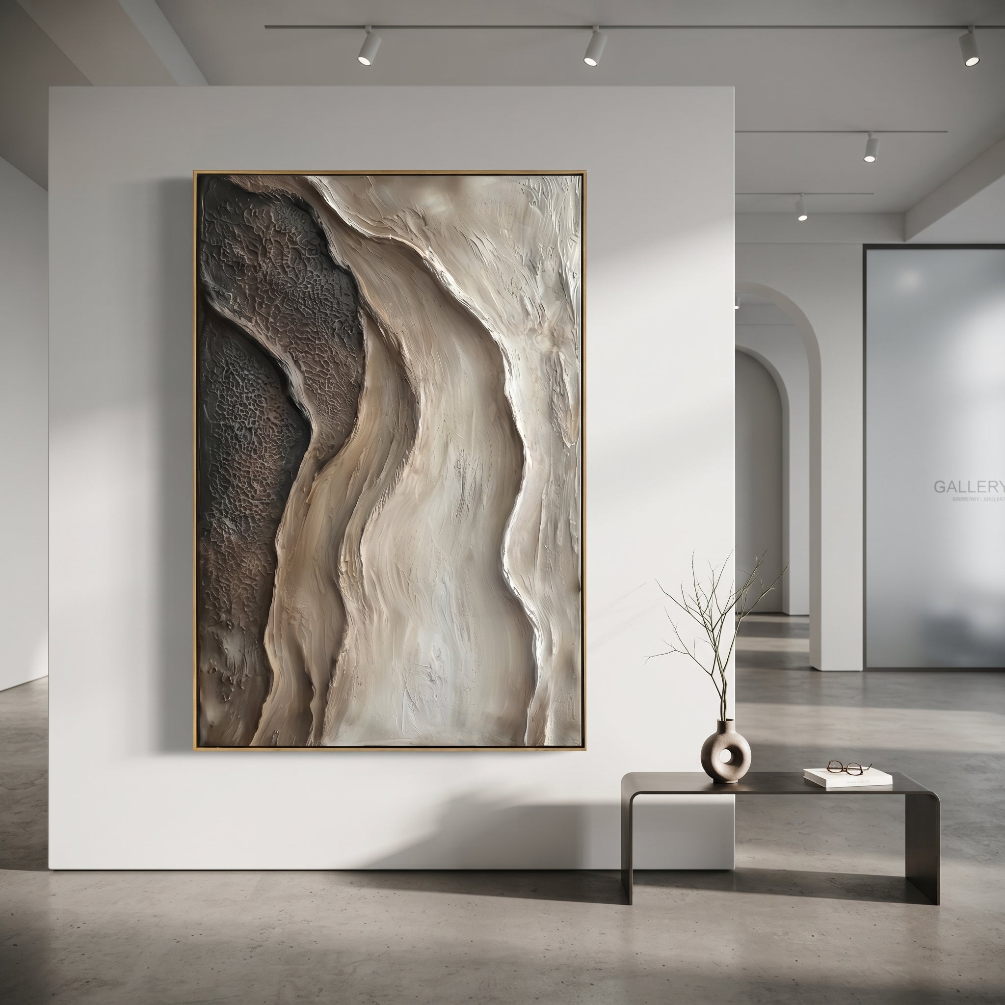 Black White Flowing Relief focuses on this hand-painted textured canvas features flowing black, brown, and ivory relief bands with organic vertical curves and rugged raised texture. The composition is described from the actual main image, so the visible subject, color balance, spacing, and surface movement stay specific to this product instead of reading like a batch title. Raised palette-knife layers, sculpted impasto ridges, softened brush transitions, and tactile handmade texture give the