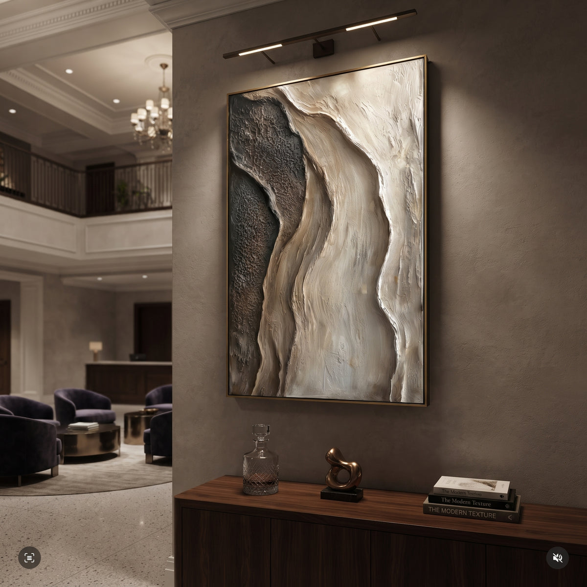 Black White Flowing Relief focuses on this hand-painted textured canvas features flowing black, brown, and ivory relief bands with organic vertical curves and rugged raised texture. The composition is described from the actual main image, so the visible subject, color balance, spacing, and surface movement stay specific to this product instead of reading like a batch title. Raised palette-knife layers, sculpted impasto ridges, softened brush transitions, and tactile handmade texture give the