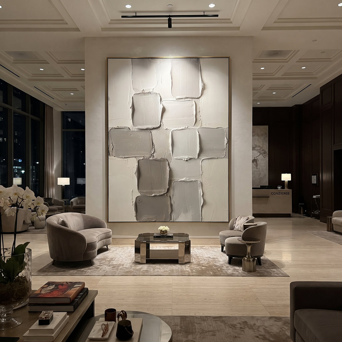 Grey White Block Relief focuses on this hand-painted textured canvas features stacked grey and white rectangular plaster blocks with soft rounded edges and quiet geometric rhythm. The composition is described from the actual main image, so the visible subject, color balance, spacing, and surface movement stay specific to this product instead of reading like a batch title. Raised palette-knife layers, sculpted impasto ridges, softened brush transitions, and tactile handmade texture give the