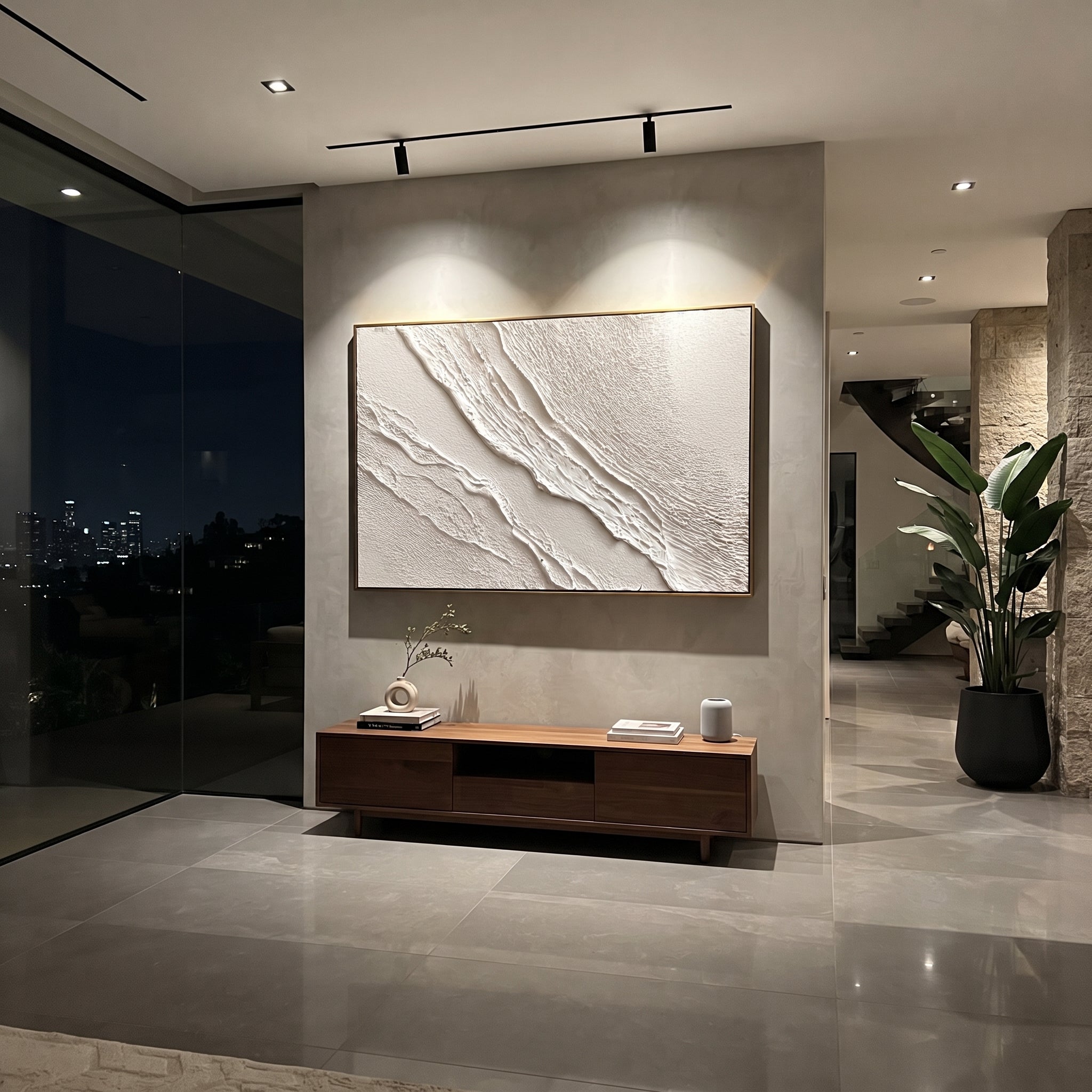 White Layered Ridge Relief focuses on this hand-painted textured canvas features a wide white relief surface with layered diagonal ridges, fine granular plaster texture, and subtle shadow depth. The composition is described from the actual main image, so the visible subject, color balance, spacing, and surface movement stay specific to this product instead of reading like a batch title. Raised palette-knife layers, sculpted impasto ridges, softened brush transitions, and tactile handmade texture