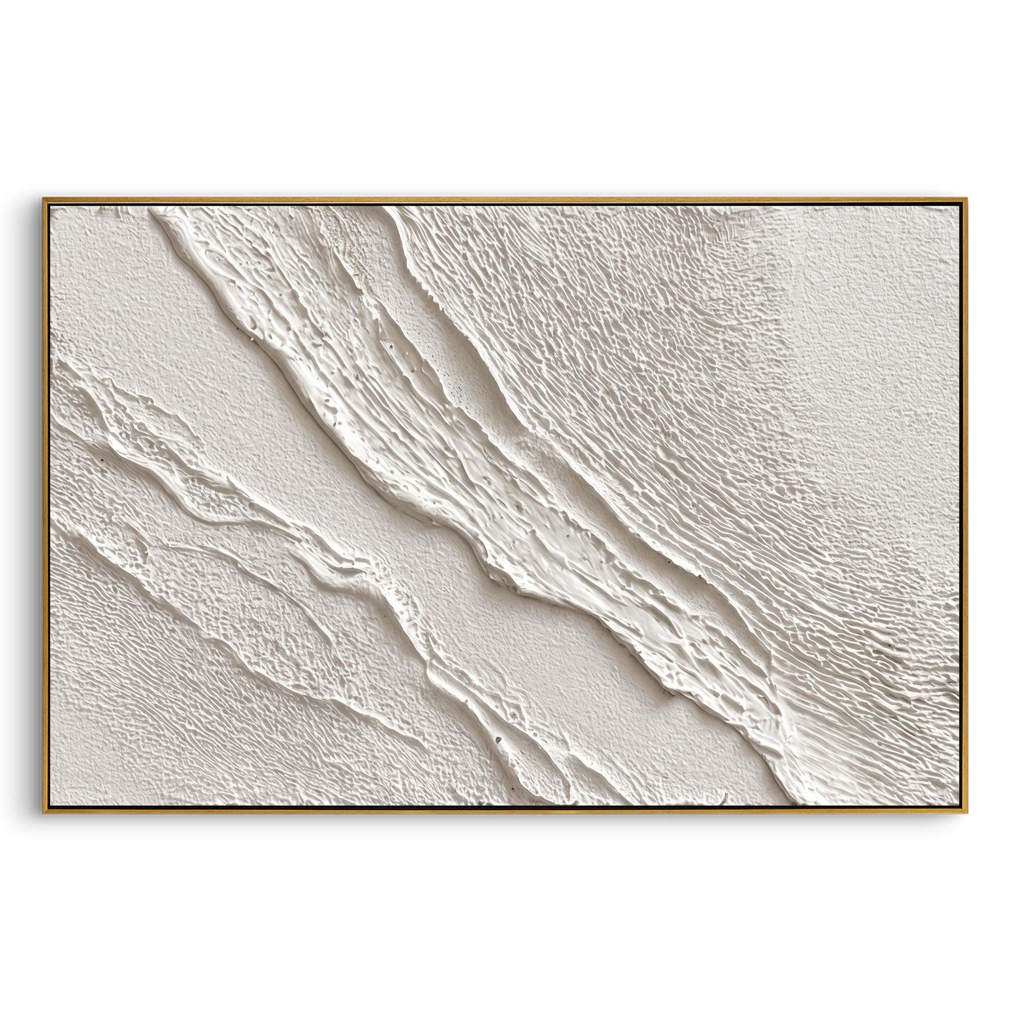 White Layered Ridge Relief focuses on this hand-painted textured canvas features a wide white relief surface with layered diagonal ridges, fine granular plaster texture, and subtle shadow depth. The composition is described from the actual main image, so the visible subject, color balance, spacing, and surface movement stay specific to this product instead of reading like a batch title. Raised palette-knife layers, sculpted impasto ridges, softened brush transitions, and tactile handmade texture