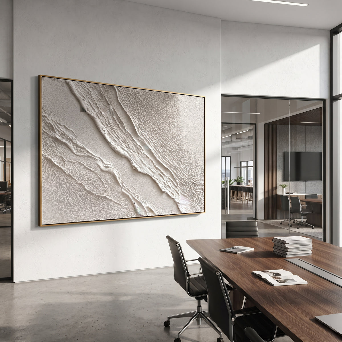 White Layered Ridge Relief focuses on this hand-painted textured canvas features a wide white relief surface with layered diagonal ridges, fine granular plaster texture, and subtle shadow depth. The composition is described from the actual main image, so the visible subject, color balance, spacing, and surface movement stay specific to this product instead of reading like a batch title. Raised palette-knife layers, sculpted impasto ridges, softened brush transitions, and tactile handmade texture