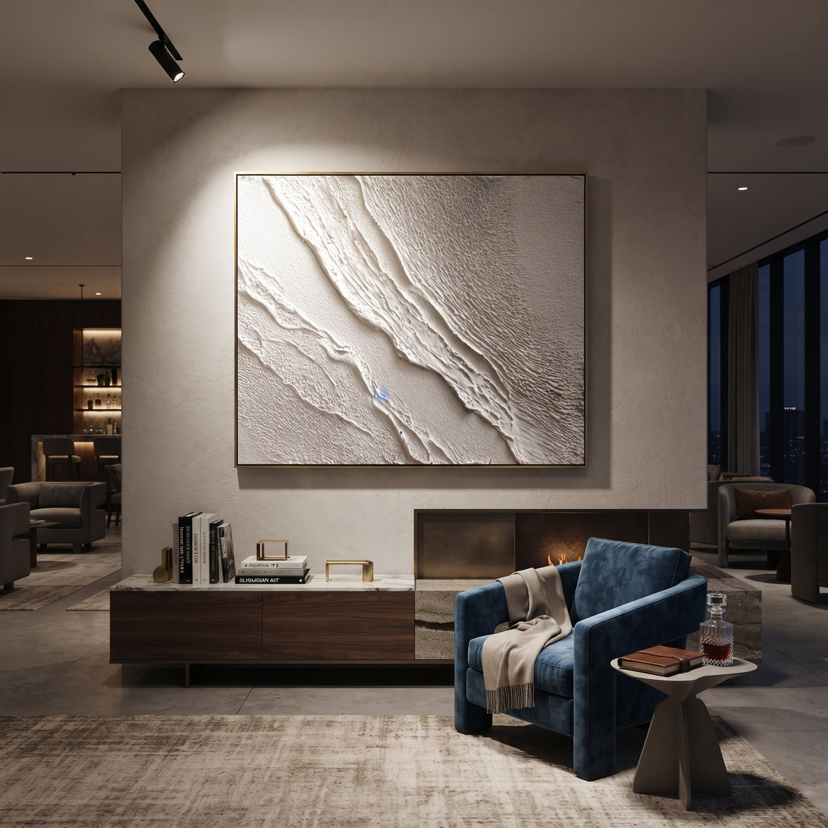 White Layered Ridge Relief focuses on this hand-painted textured canvas features a wide white relief surface with layered diagonal ridges, fine granular plaster texture, and subtle shadow depth. The composition is described from the actual main image, so the visible subject, color balance, spacing, and surface movement stay specific to this product instead of reading like a batch title. Raised palette-knife layers, sculpted impasto ridges, softened brush transitions, and tactile handmade texture