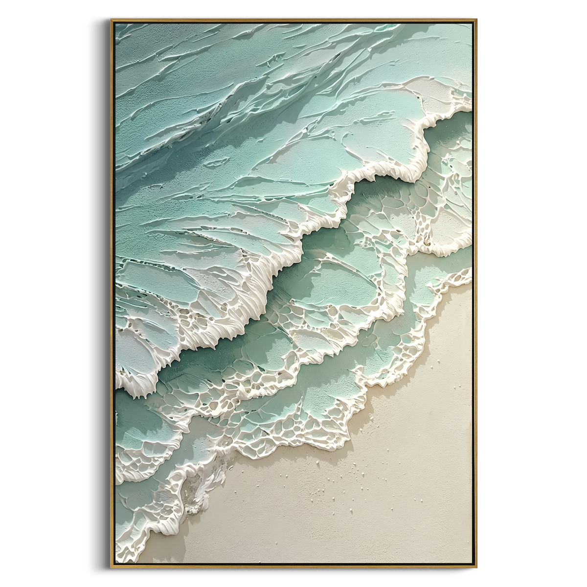 Aqua Foam Shore Relief focuses on this hand-painted textured canvas features aqua green shoreline layers with raised white foam ridges, lace-like surf texture, and soft sand tones. The composition is described from the actual main image, so the visible subject, color balance, spacing, and surface movement stay specific to this product instead of reading like a batch title. Raised palette-knife layers, sculpted impasto ridges, softened brush transitions, and tactile handmade texture give the