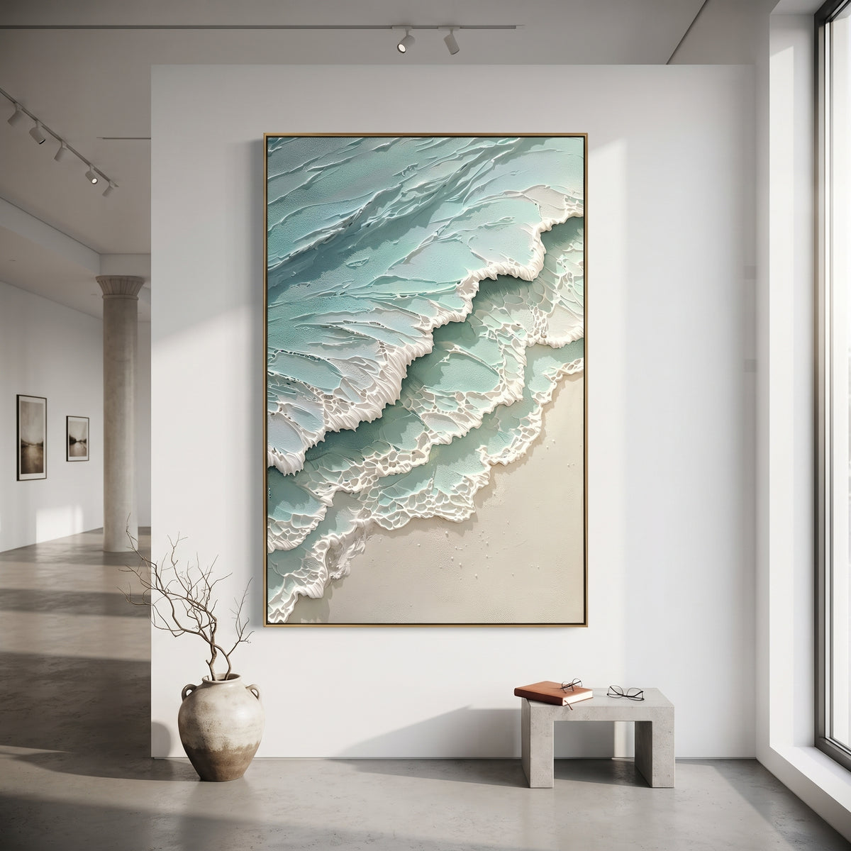 Aqua Foam Shore Relief focuses on this hand-painted textured canvas features aqua green shoreline layers with raised white foam ridges, lace-like surf texture, and soft sand tones. The composition is described from the actual main image, so the visible subject, color balance, spacing, and surface movement stay specific to this product instead of reading like a batch title. Raised palette-knife layers, sculpted impasto ridges, softened brush transitions, and tactile handmade texture give the