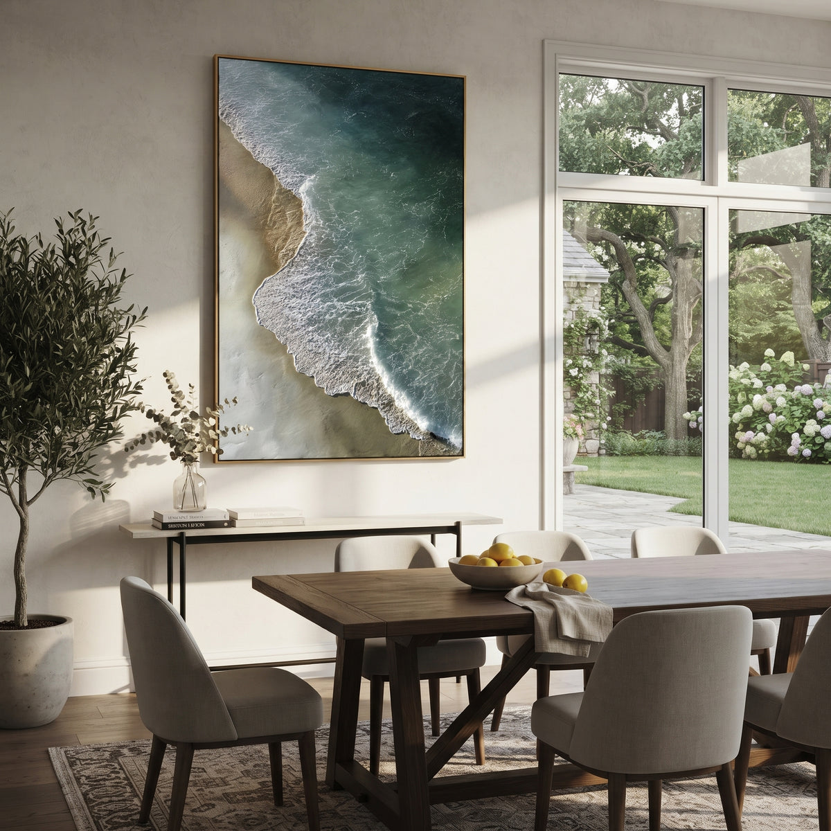 Deep Green Aerial Shore focuses on this hand-painted textured canvas features an aerial shoreline with deep green water, pale sand, and delicate white foam tracing the coast. The composition is described from the actual main image, so the visible subject, color balance, spacing, and surface movement stay specific to this product instead of reading like a batch title. Raised palette-knife layers, sculpted impasto ridges, softened brush transitions, and tactile handmade texture give the canvas