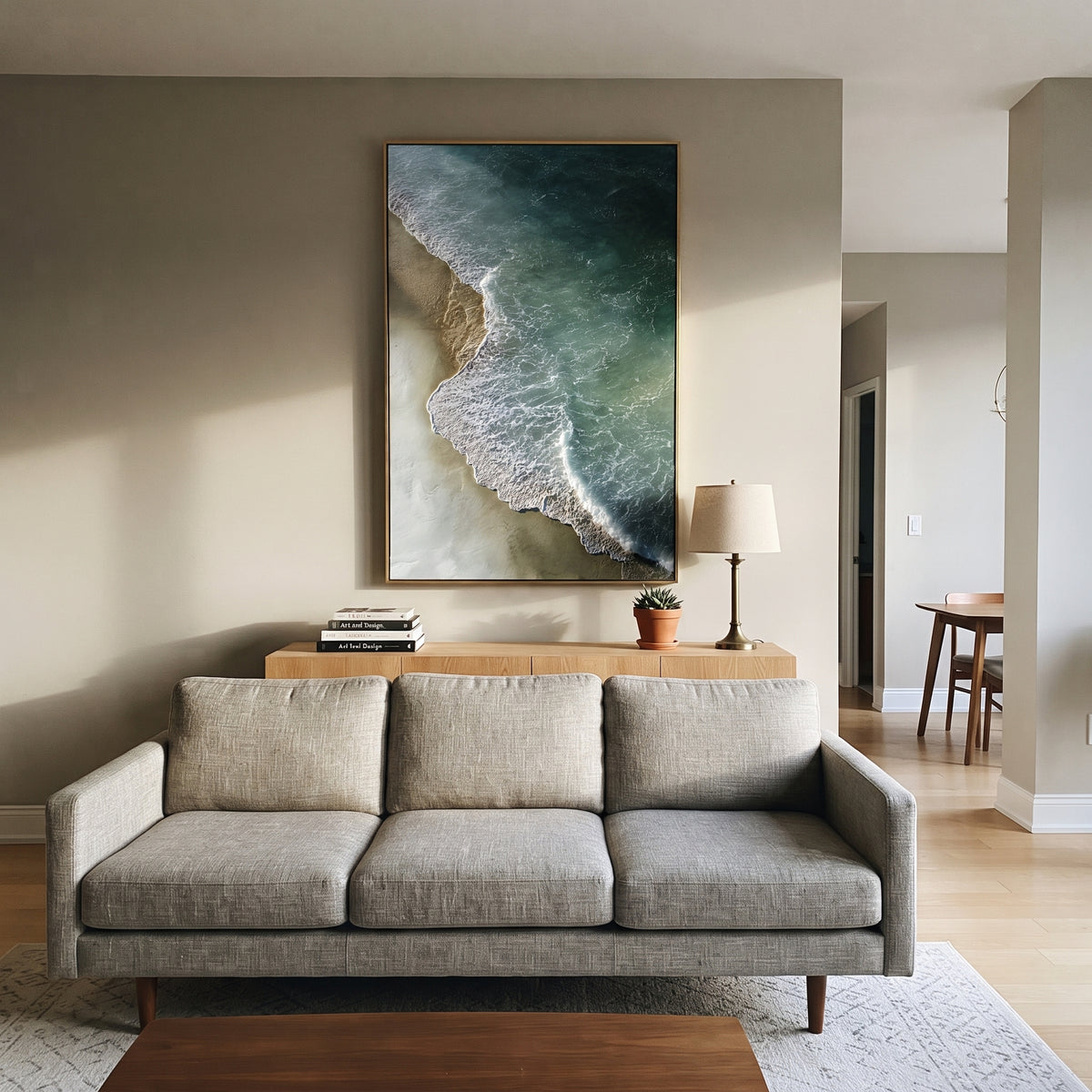 Deep Green Aerial Shore focuses on this hand-painted textured canvas features an aerial shoreline with deep green water, pale sand, and delicate white foam tracing the coast. The composition is described from the actual main image, so the visible subject, color balance, spacing, and surface movement stay specific to this product instead of reading like a batch title. Raised palette-knife layers, sculpted impasto ridges, softened brush transitions, and tactile handmade texture give the canvas