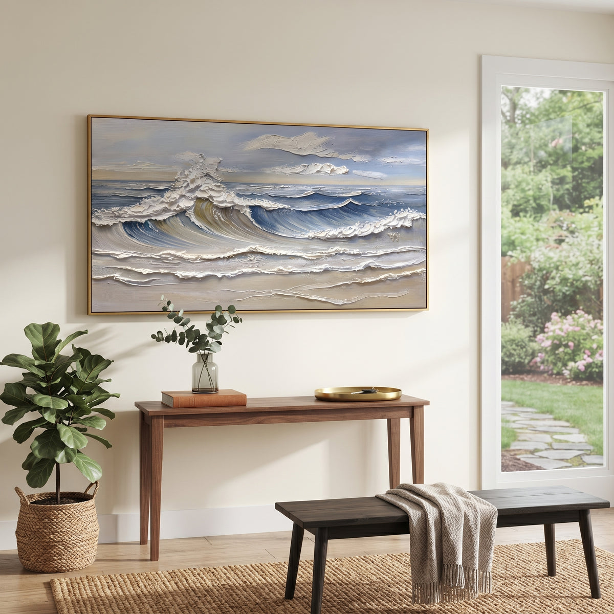 Blue Cresting Wave Relief focuses on this hand-painted textured canvas features a wide blue ocean wave with sculpted white crest foam, layered surf lines, and calm coastal light. The composition is described from the actual main image, so the visible subject, color balance, spacing, and surface movement stay specific to this product instead of reading like a batch title. Raised palette-knife layers, sculpted impasto ridges, softened brush transitions, and tactile handmade texture give the canvas