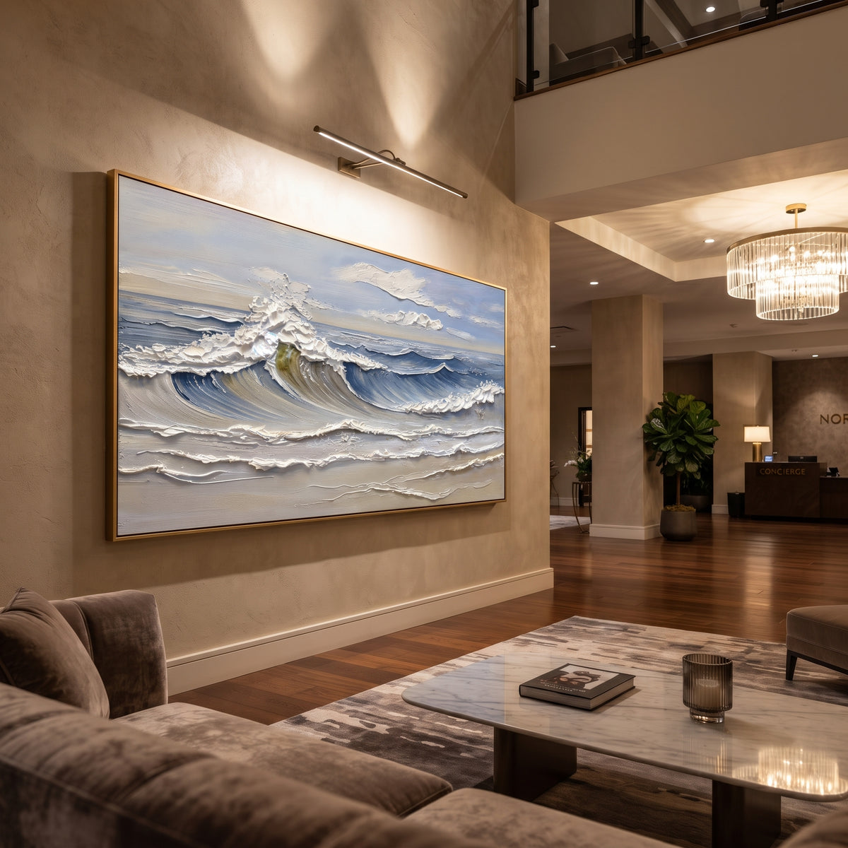 Blue Cresting Wave Relief focuses on this hand-painted textured canvas features a wide blue ocean wave with sculpted white crest foam, layered surf lines, and calm coastal light. The composition is described from the actual main image, so the visible subject, color balance, spacing, and surface movement stay specific to this product instead of reading like a batch title. Raised palette-knife layers, sculpted impasto ridges, softened brush transitions, and tactile handmade texture give the canvas