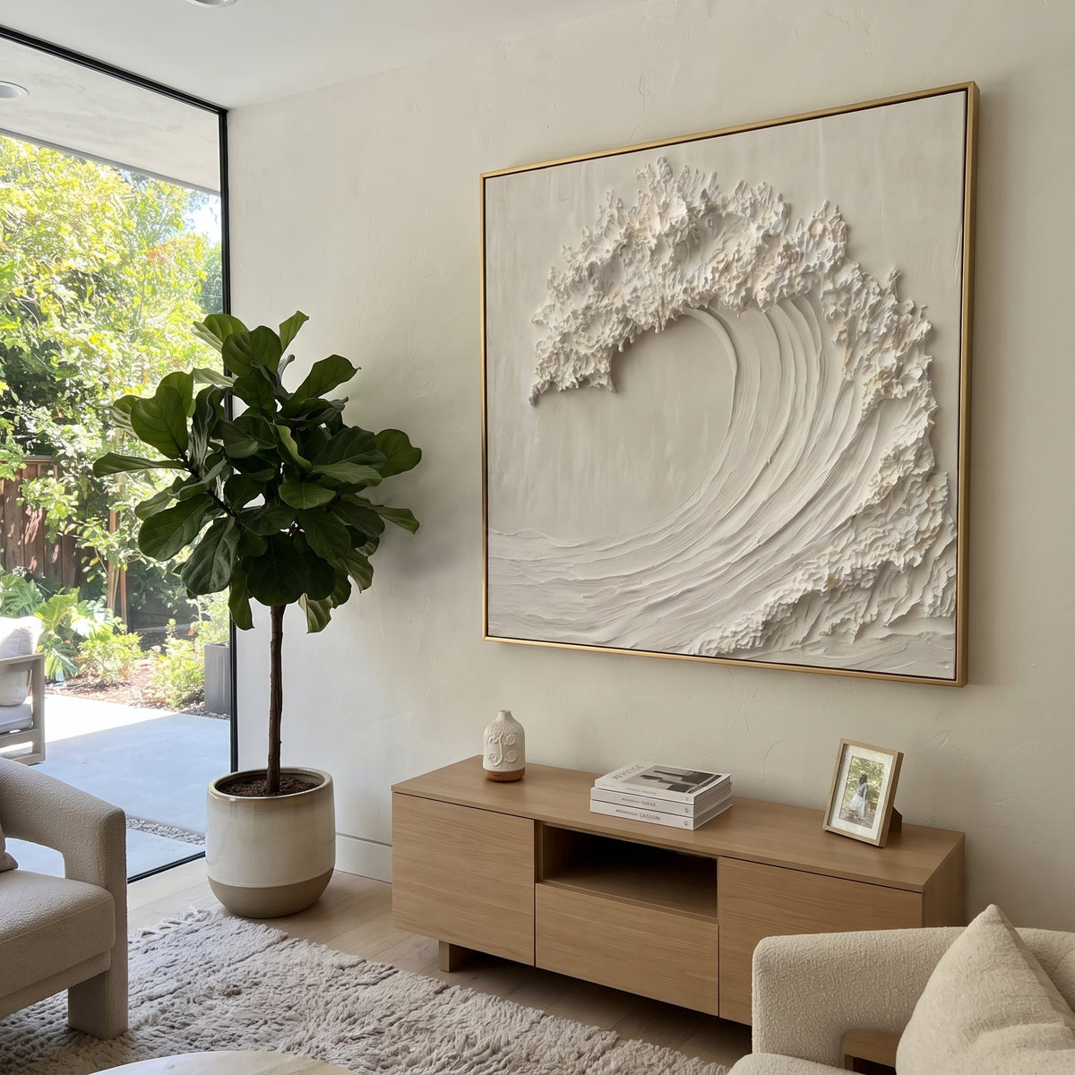White Curl Wave Crest Relief focuses on this hand-painted textured canvas features a sculptural white curling wave with ribbed sweeping motion, rough crest texture, and subtle shadowed depth. The title and description are matched to the actual main image, so the visible subject, color balance, spacing, and surface movement stay specific to this product instead of using a repeated batch phrase. Raised palette-knife layers, sculpted impasto ridges, softened brush transitions, and tactile handmade