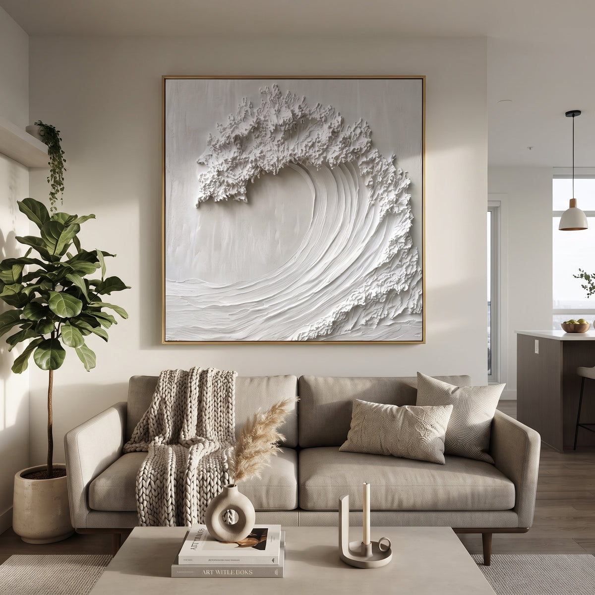 White Curl Wave Crest Relief focuses on this hand-painted textured canvas features a sculptural white curling wave with ribbed sweeping motion, rough crest texture, and subtle shadowed depth. The title and description are matched to the actual main image, so the visible subject, color balance, spacing, and surface movement stay specific to this product instead of using a repeated batch phrase. Raised palette-knife layers, sculpted impasto ridges, softened brush transitions, and tactile handmade
