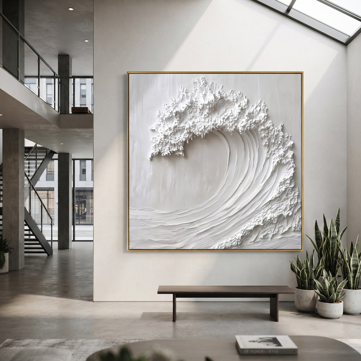 White Curl Wave Crest Relief focuses on this hand-painted textured canvas features a sculptural white curling wave with ribbed sweeping motion, rough crest texture, and subtle shadowed depth. The title and description are matched to the actual main image, so the visible subject, color balance, spacing, and surface movement stay specific to this product instead of using a repeated batch phrase. Raised palette-knife layers, sculpted impasto ridges, softened brush transitions, and tactile handmade