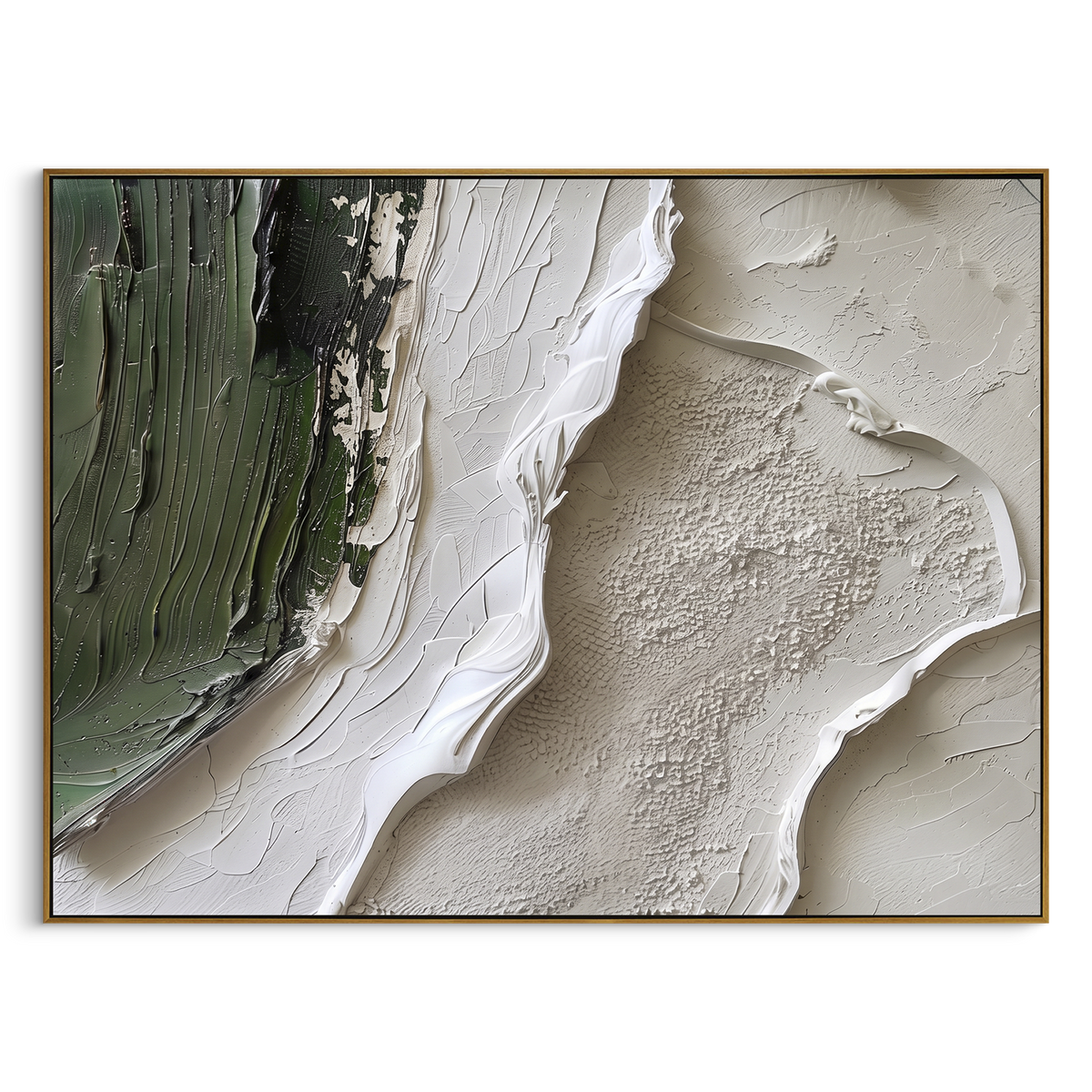 Green White Shore Abstract focuses on this hand-painted textured canvas features dark green vertical texture meeting raised white plaster and neutral sand-like surface in a shoreline-inspired abstract layout. The composition is described from the actual main image, so the visible subject, color balance, spacing, and surface movement stay specific to this product instead of reading like a batch title. Raised palette-knife layers, sculpted impasto ridges, softened brush transitions, and tactile