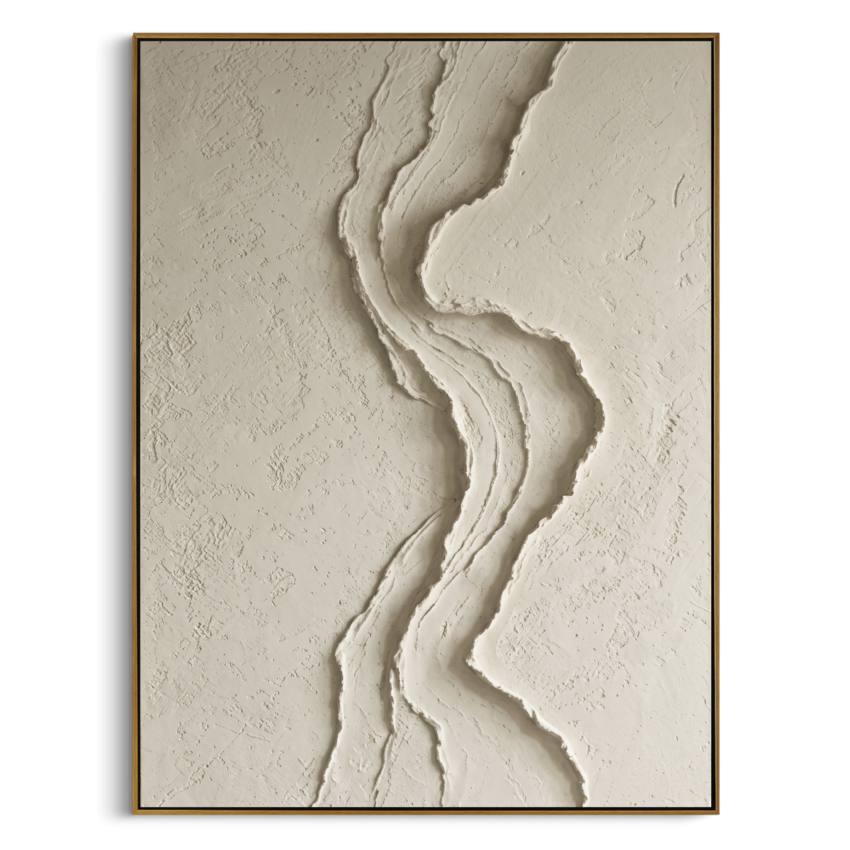 White S Curve Relief focuses on this hand-painted textured canvas features a vertical white S-curve ridge with layered plaster contours over a quiet textured neutral ground. The composition is described from the actual main image, so the visible subject, color balance, spacing, and surface movement stay specific to this product instead of reading like a batch title. Raised palette-knife layers, sculpted impasto ridges, softened brush transitions, and tactile handmade texture give the canvas