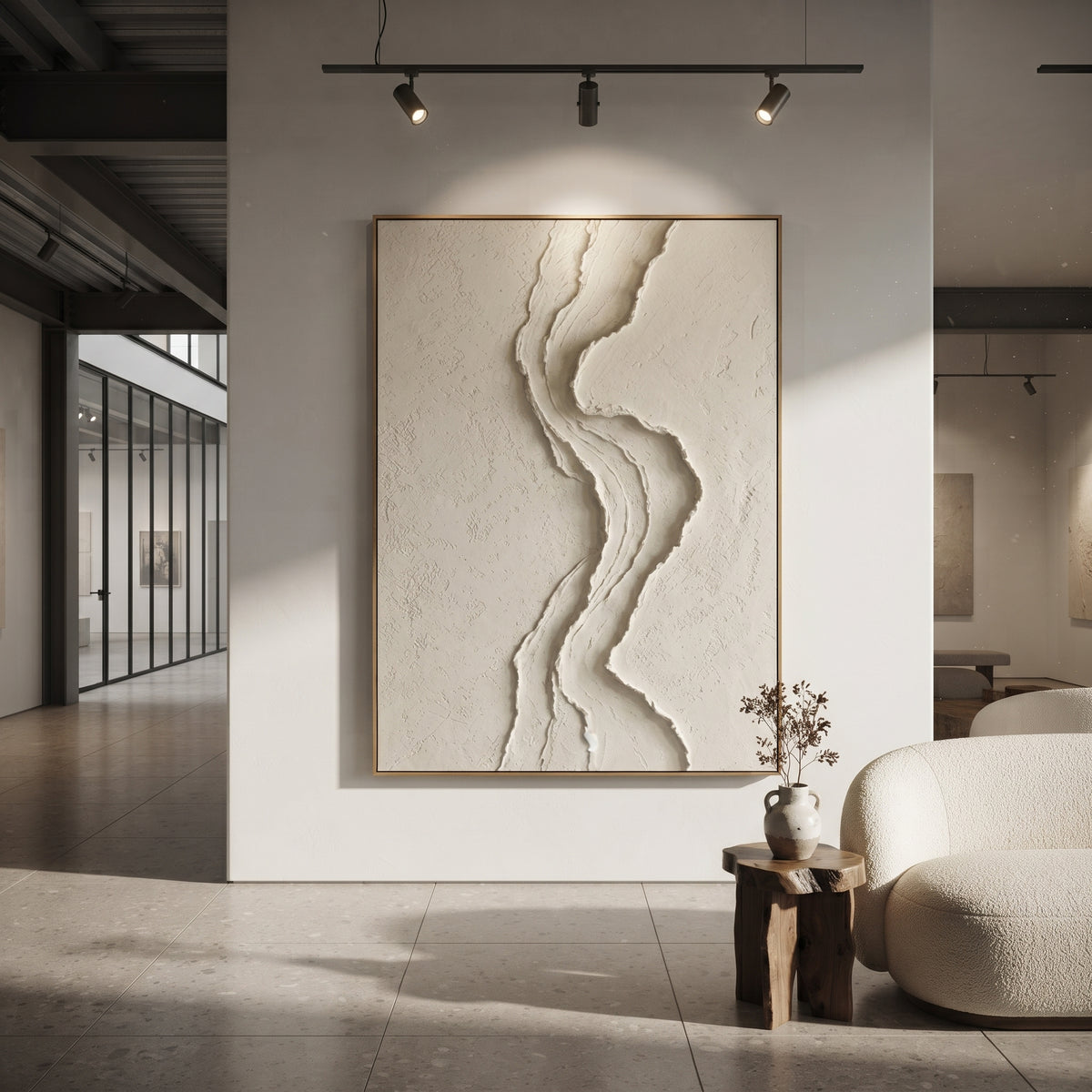 White S Curve Relief focuses on this hand-painted textured canvas features a vertical white S-curve ridge with layered plaster contours over a quiet textured neutral ground. The composition is described from the actual main image, so the visible subject, color balance, spacing, and surface movement stay specific to this product instead of reading like a batch title. Raised palette-knife layers, sculpted impasto ridges, softened brush transitions, and tactile handmade texture give the canvas
