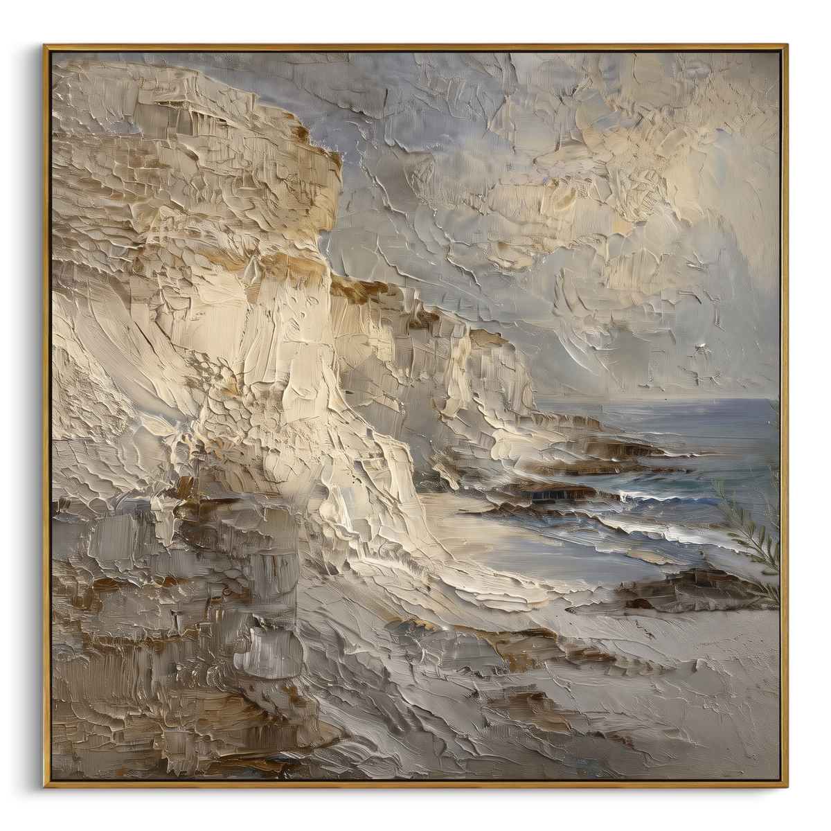 Neutral Cliff Coast Impasto focuses on this hand-painted textured canvas features a neutral cliffside coast with heavy impasto rock faces, soft grey sky, and small blue water accents. The composition is described from the actual main image, so the visible subject, color balance, spacing, and surface movement stay specific to this product instead of reading like a batch title. Raised palette-knife layers, sculpted impasto ridges, softened brush transitions, and tactile handmade texture give the