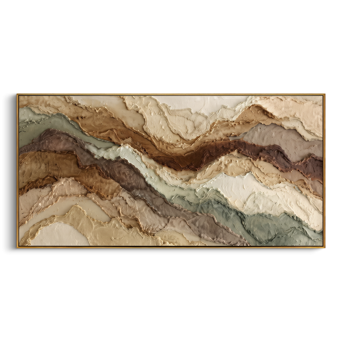 Earth Tone Mountain Layers focuses on this hand-painted textured canvas features wide layered earth-tone mountain bands with raised edges, sage accents, and warm mineral texture. The composition is described from the actual main image, so the visible subject, color balance, spacing, and surface movement stay specific to this product instead of reading like a batch title. Raised palette-knife layers, sculpted impasto ridges, softened brush transitions, and tactile handmade texture give the canvas