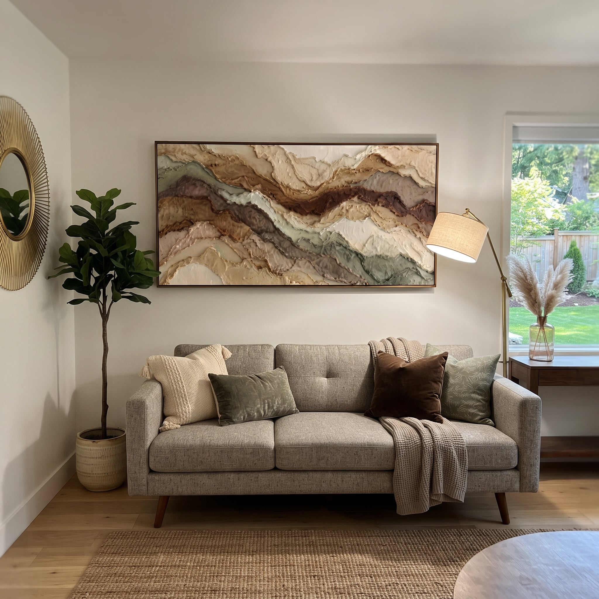 Earth Tone Mountain Layers focuses on this hand-painted textured canvas features wide layered earth-tone mountain bands with raised edges, sage accents, and warm mineral texture. The composition is described from the actual main image, so the visible subject, color balance, spacing, and surface movement stay specific to this product instead of reading like a batch title. Raised palette-knife layers, sculpted impasto ridges, softened brush transitions, and tactile handmade texture give the canvas