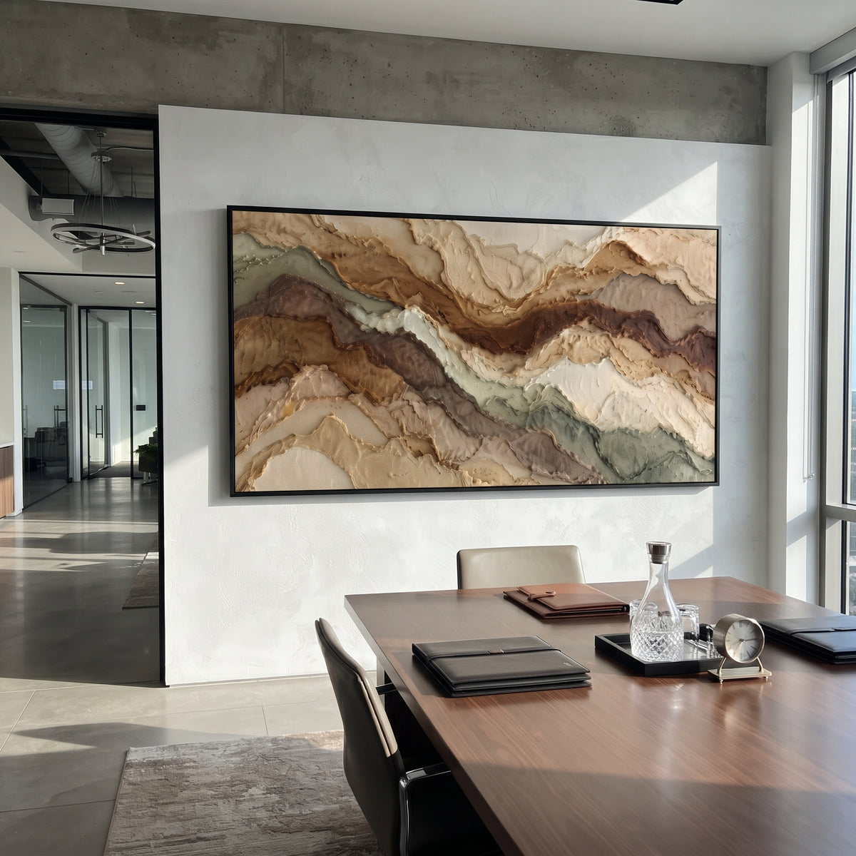Earth Tone Mountain Layers focuses on this hand-painted textured canvas features wide layered earth-tone mountain bands with raised edges, sage accents, and warm mineral texture. The composition is described from the actual main image, so the visible subject, color balance, spacing, and surface movement stay specific to this product instead of reading like a batch title. Raised palette-knife layers, sculpted impasto ridges, softened brush transitions, and tactile handmade texture give the canvas