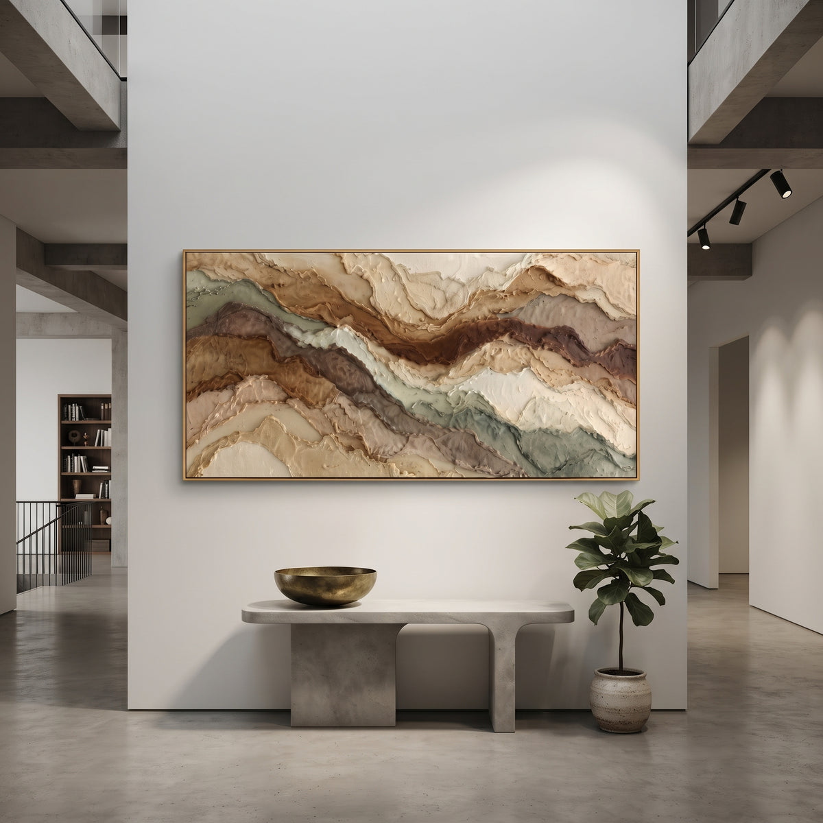 Earth Tone Mountain Layers focuses on this hand-painted textured canvas features wide layered earth-tone mountain bands with raised edges, sage accents, and warm mineral texture. The composition is described from the actual main image, so the visible subject, color balance, spacing, and surface movement stay specific to this product instead of reading like a batch title. Raised palette-knife layers, sculpted impasto ridges, softened brush transitions, and tactile handmade texture give the canvas