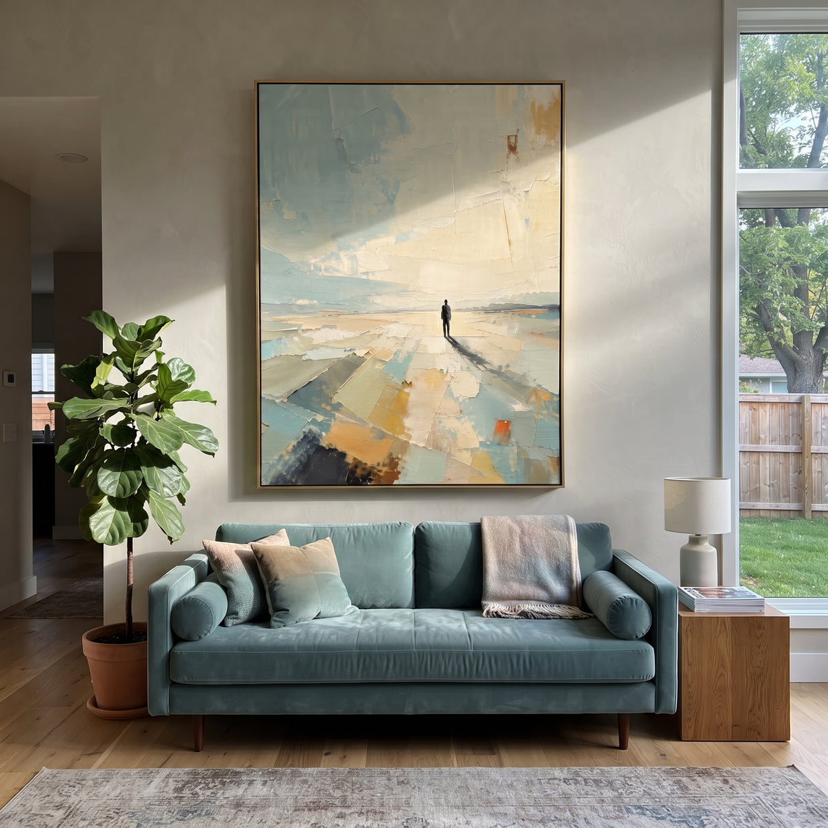Lone Figure Horizon focuses on this hand-painted textured canvas features a solitary dark figure standing on a pale abstract horizon with long shadow, soft blue sky, and warm ochre ground. The composition is described from the actual main image, so the visible subject, color balance, spacing, and surface movement stay specific to this product instead of reading like a batch title. Raised palette-knife layers, sculpted impasto ridges, softened brush transitions, and tactile handmade texture give