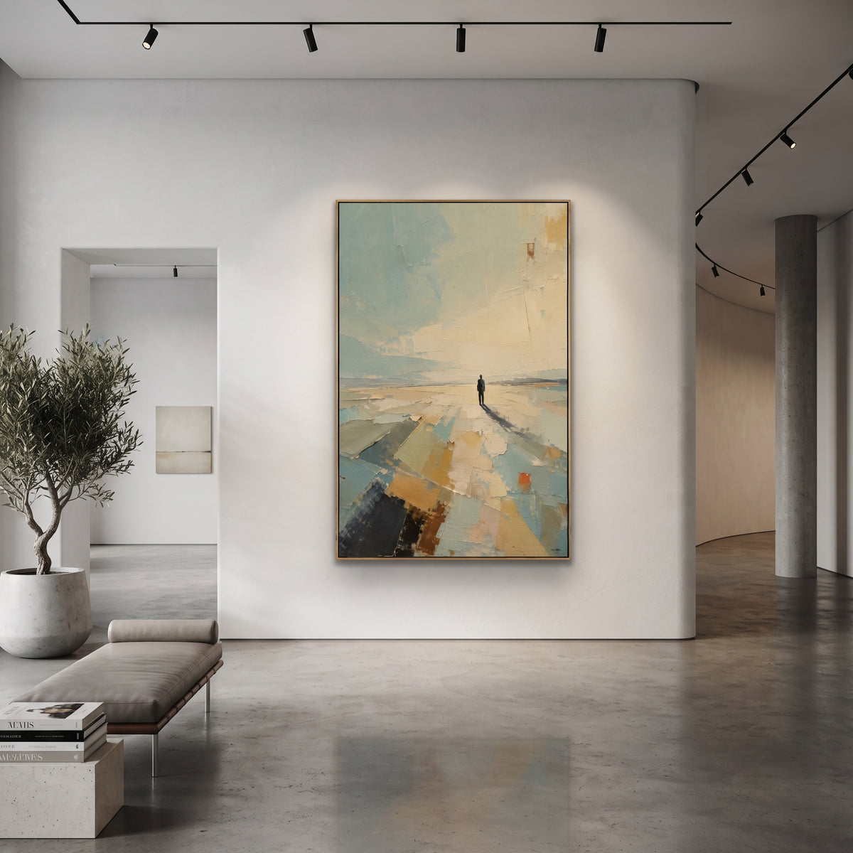 Lone Figure Horizon focuses on this hand-painted textured canvas features a solitary dark figure standing on a pale abstract horizon with long shadow, soft blue sky, and warm ochre ground. The composition is described from the actual main image, so the visible subject, color balance, spacing, and surface movement stay specific to this product instead of reading like a batch title. Raised palette-knife layers, sculpted impasto ridges, softened brush transitions, and tactile handmade texture give