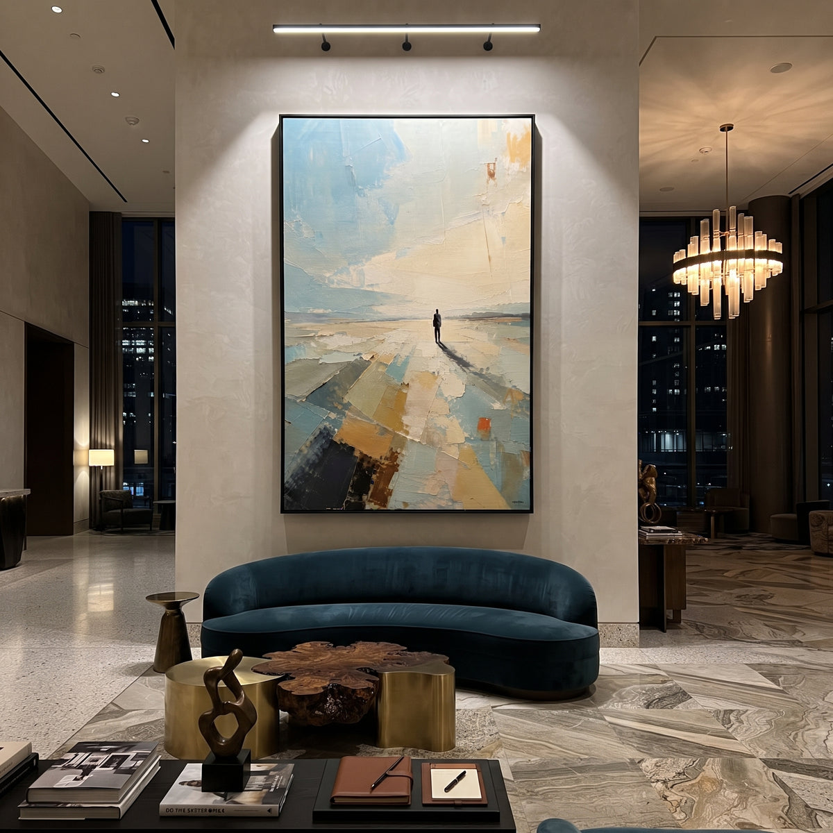 Lone Figure Horizon focuses on this hand-painted textured canvas features a solitary dark figure standing on a pale abstract horizon with long shadow, soft blue sky, and warm ochre ground. The composition is described from the actual main image, so the visible subject, color balance, spacing, and surface movement stay specific to this product instead of reading like a batch title. Raised palette-knife layers, sculpted impasto ridges, softened brush transitions, and tactile handmade texture give