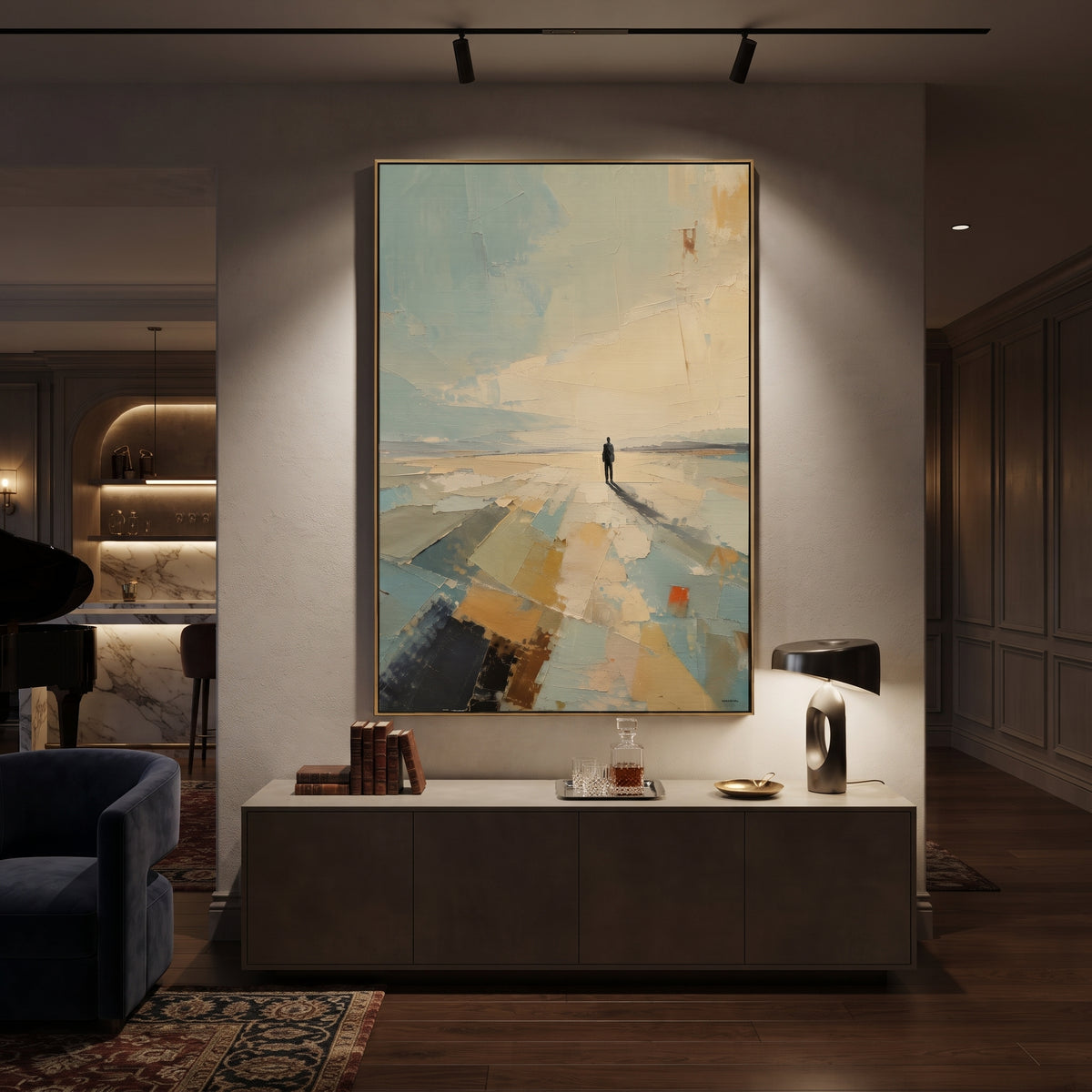 Lone Figure Horizon focuses on this hand-painted textured canvas features a solitary dark figure standing on a pale abstract horizon with long shadow, soft blue sky, and warm ochre ground. The composition is described from the actual main image, so the visible subject, color balance, spacing, and surface movement stay specific to this product instead of reading like a batch title. Raised palette-knife layers, sculpted impasto ridges, softened brush transitions, and tactile handmade texture give