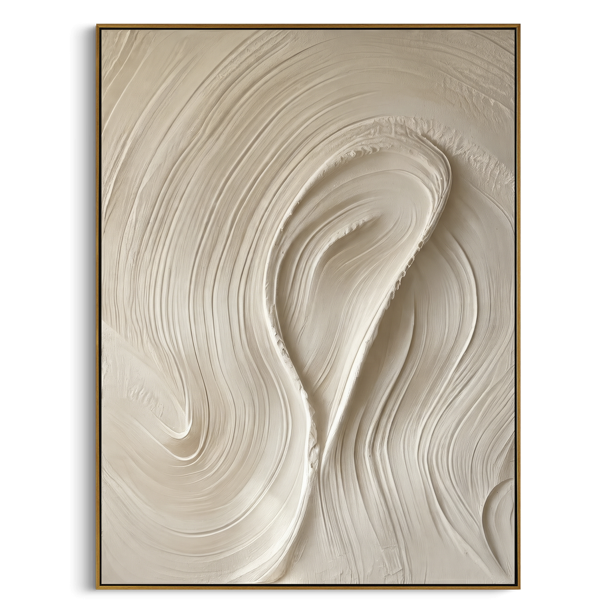 Cream Oval Flow Relief focuses on this hand-painted textured canvas features smooth cream plaster arcs forming an oval flow with fine combed lines and sculptural raised movement. The composition is described from the actual main image, so the visible subject, color balance, spacing, and surface movement stay specific to this product instead of reading like a batch title. Raised palette-knife layers, sculpted impasto ridges, softened brush transitions, and tactile handmade texture give the canvas