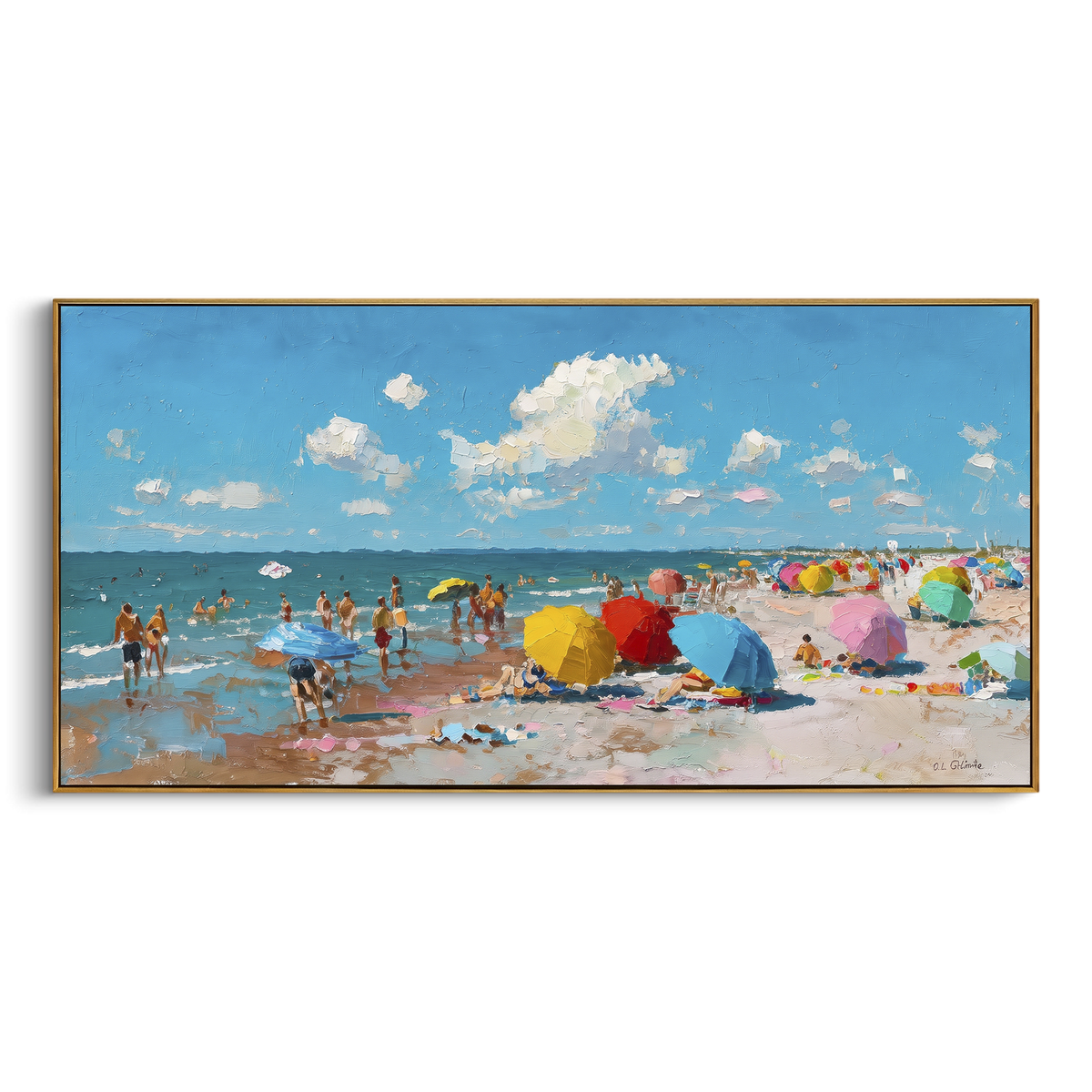 Bright Umbrella Beach focuses on this hand-painted textured canvas features a sunny beach crowd with colorful umbrellas, blue sea, bright sky, and lively impasto figures. The composition is described from the actual main image, so the visible subject, color balance, spacing, and surface movement stay specific to this product instead of reading like a batch title. Raised palette-knife layers, sculpted impasto ridges, softened brush transitions, and tactile handmade texture give the canvas