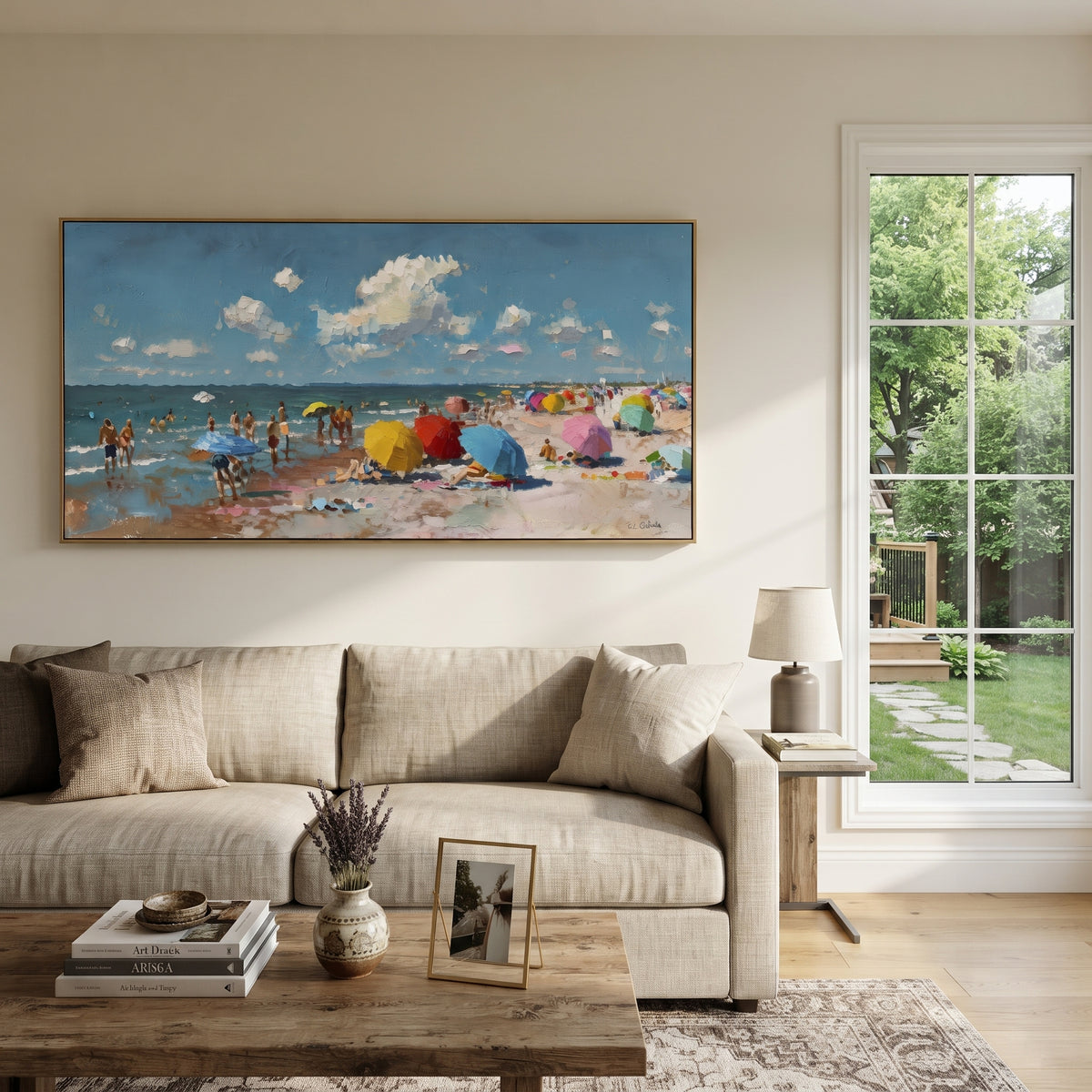 Bright Umbrella Beach focuses on this hand-painted textured canvas features a sunny beach crowd with colorful umbrellas, blue sea, bright sky, and lively impasto figures. The composition is described from the actual main image, so the visible subject, color balance, spacing, and surface movement stay specific to this product instead of reading like a batch title. Raised palette-knife layers, sculpted impasto ridges, softened brush transitions, and tactile handmade texture give the canvas