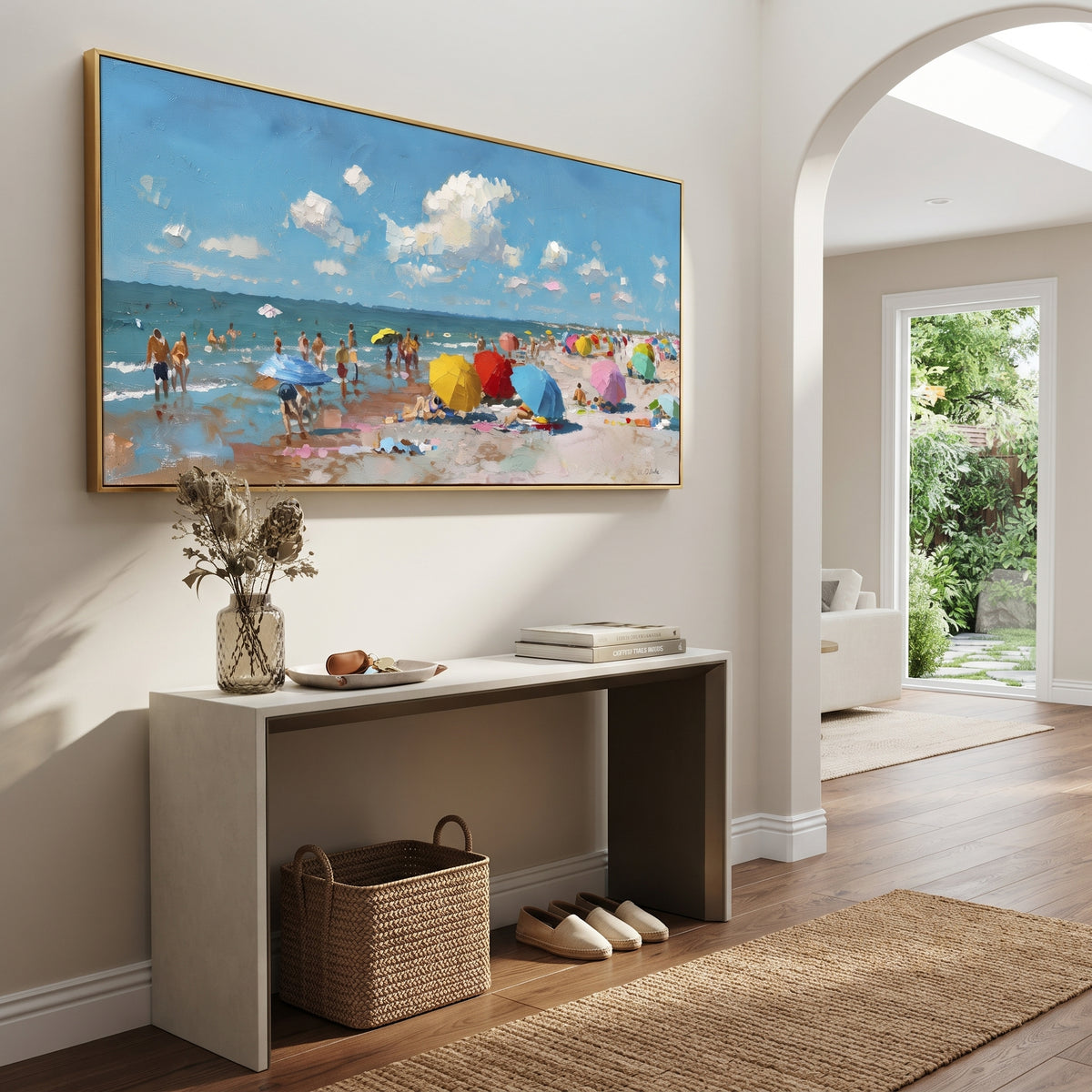 Bright Umbrella Beach focuses on this hand-painted textured canvas features a sunny beach crowd with colorful umbrellas, blue sea, bright sky, and lively impasto figures. The composition is described from the actual main image, so the visible subject, color balance, spacing, and surface movement stay specific to this product instead of reading like a batch title. Raised palette-knife layers, sculpted impasto ridges, softened brush transitions, and tactile handmade texture give the canvas