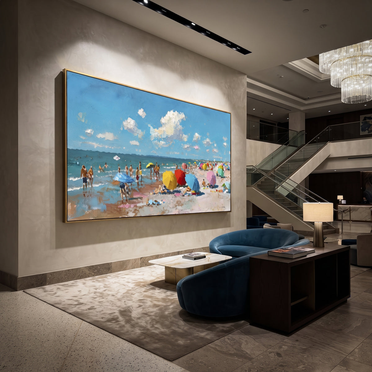 Bright Umbrella Beach focuses on this hand-painted textured canvas features a sunny beach crowd with colorful umbrellas, blue sea, bright sky, and lively impasto figures. The composition is described from the actual main image, so the visible subject, color balance, spacing, and surface movement stay specific to this product instead of reading like a batch title. Raised palette-knife layers, sculpted impasto ridges, softened brush transitions, and tactile handmade texture give the canvas