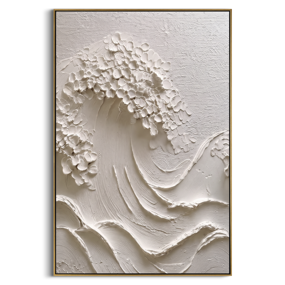 White Floral Relief focuses on this hand-painted textured canvas features large white and beige impasto blossoms with raised petals, warm centers, and textured botanical depth. The composition is described from the actual main image, so the visible subject, color balance, spacing, and surface movement stay specific to this product instead of reading like a batch title. Raised palette-knife layers, sculpted impasto ridges, softened brush transitions, and tactile handmade texture give the canvas