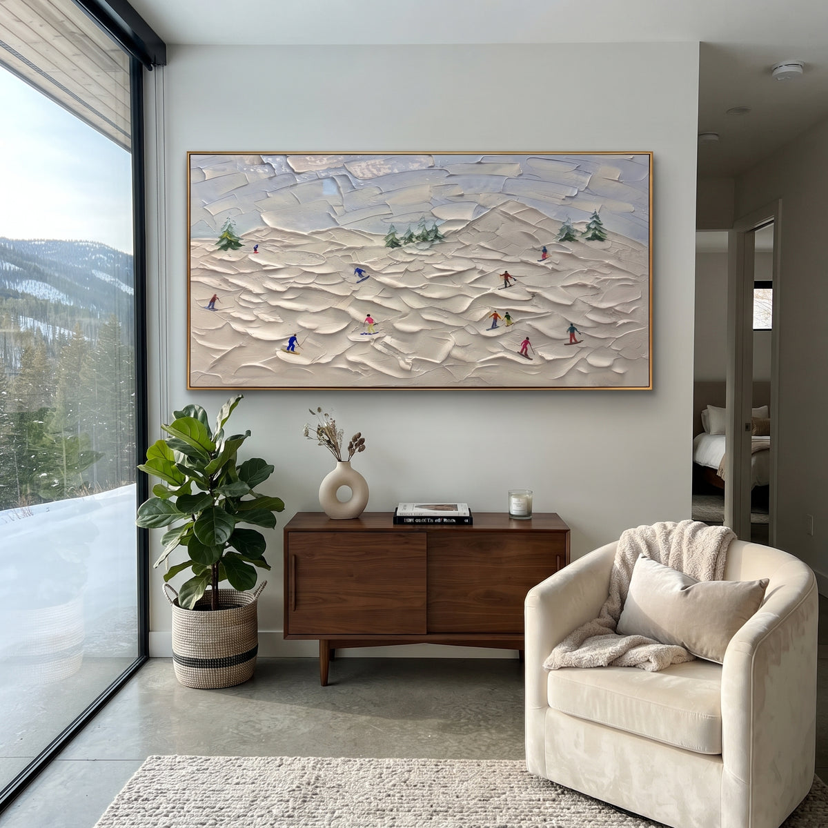 Soft Horizon Seascape focuses on this hand-painted textured canvas features a soft horizontal seascape with pale blue water bands, creamy sky, and layered palette-knife texture. The composition is described from the actual main image, so the visible subject, color balance, spacing, and surface movement stay specific to this product instead of reading like a batch title. Raised palette-knife layers, sculpted impasto ridges, softened brush transitions, and tactile handmade texture give the canvas