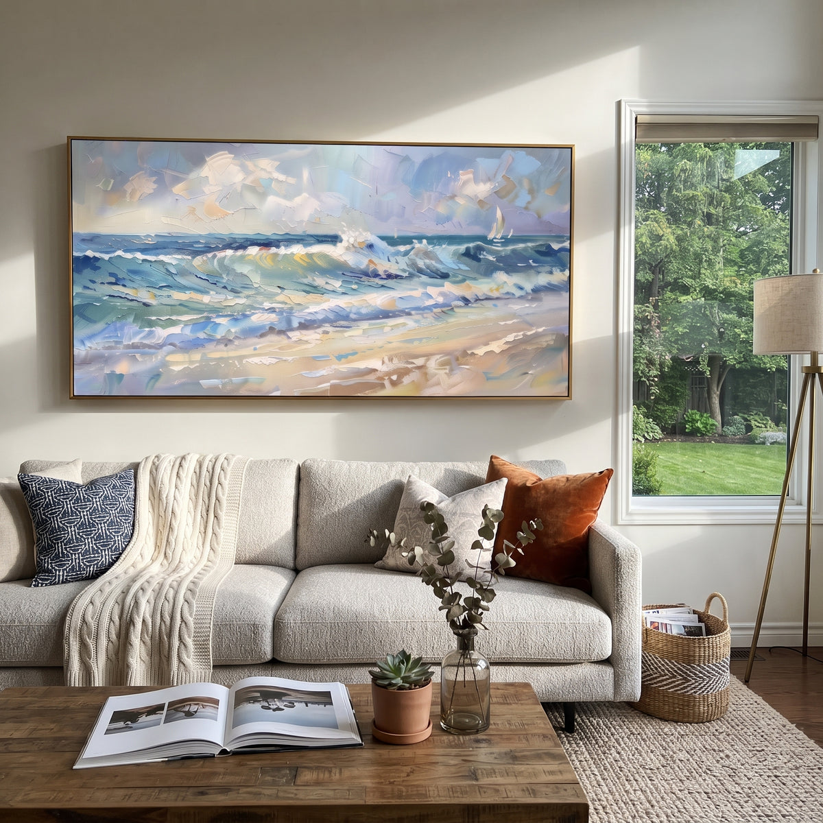 Blue White Beach Wave focuses on this hand-painted textured canvas features a wide white sculptural wave with curling crest, combed ribbed motion, and thick raised foam texture. The title and description are matched to the actual main image, so the visible subject, color balance, spacing, and surface movement stay specific to this product instead of using a repeated batch phrase. Raised palette-knife layers, sculpted impasto ridges, softened brush transitions, and tactile handmade texture give