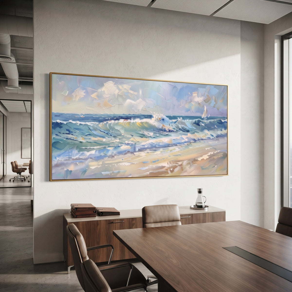Blue White Beach Wave focuses on this hand-painted textured canvas features a wide white sculptural wave with curling crest, combed ribbed motion, and thick raised foam texture. The title and description are matched to the actual main image, so the visible subject, color balance, spacing, and surface movement stay specific to this product instead of using a repeated batch phrase. Raised palette-knife layers, sculpted impasto ridges, softened brush transitions, and tactile handmade texture give