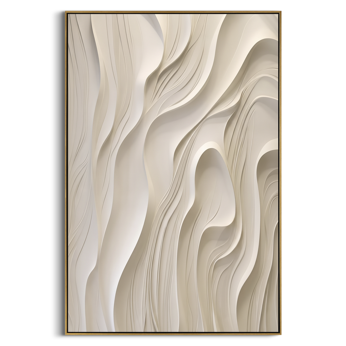 White Flowing Line Relief focuses on this hand-painted textured canvas features smooth white and beige flowing vertical lines with soft carved grooves and sculptural wall depth. The composition is described from the actual main image, so the visible subject, color balance, spacing, and surface movement stay specific to this product instead of reading like a batch title. Raised palette-knife layers, sculpted impasto ridges, softened brush transitions, and tactile handmade texture give the canvas