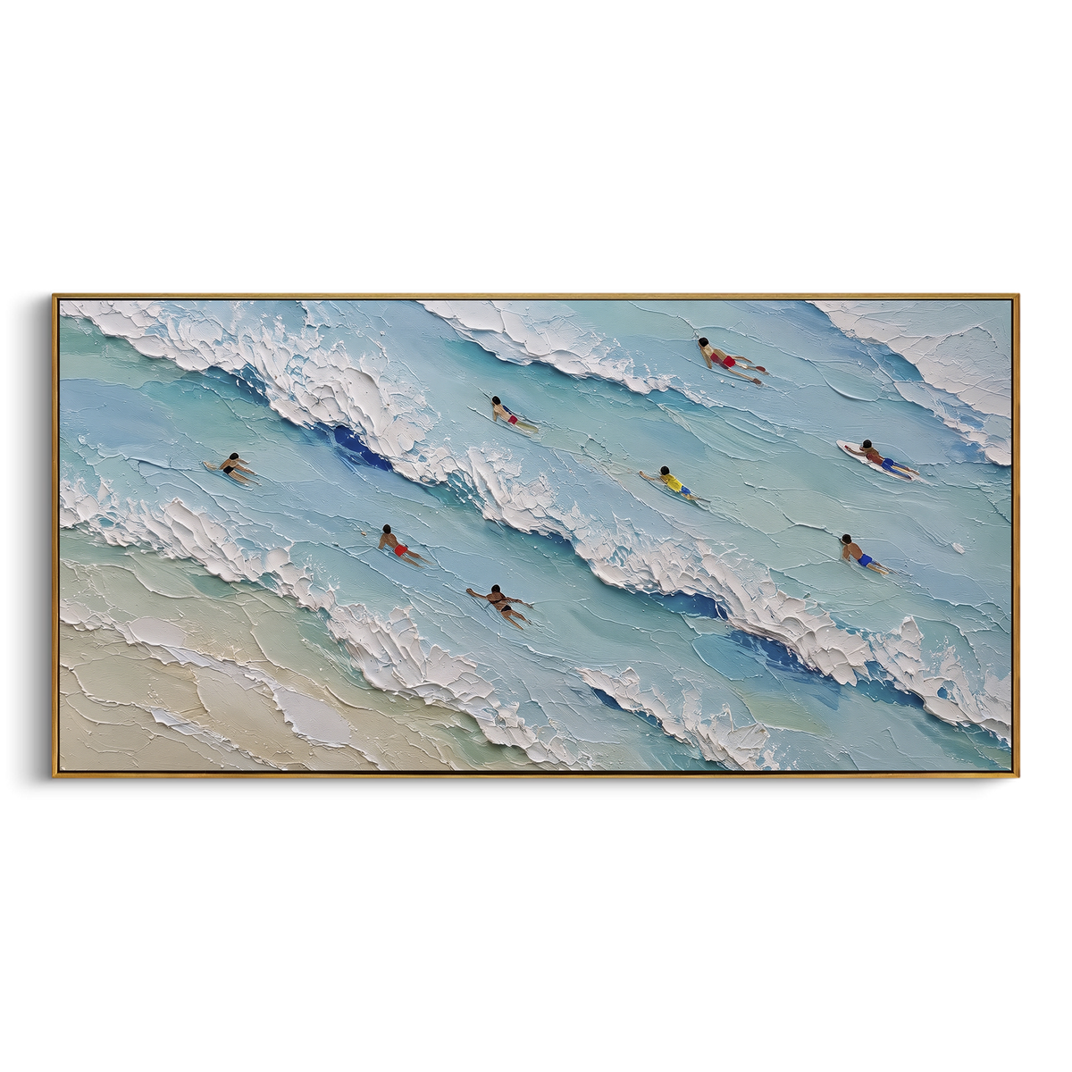 Blue Swimmers Surf focuses on this hand-painted textured canvas features an aerial surf scene with swimmers, pale blue water, raised white wave bands, and sandy shoreline texture. The composition is described from the actual main image, so the visible subject, color balance, spacing, and surface movement stay specific to this product instead of reading like a batch title. Raised palette-knife layers, sculpted impasto ridges, softened brush transitions, and tactile handmade texture give the