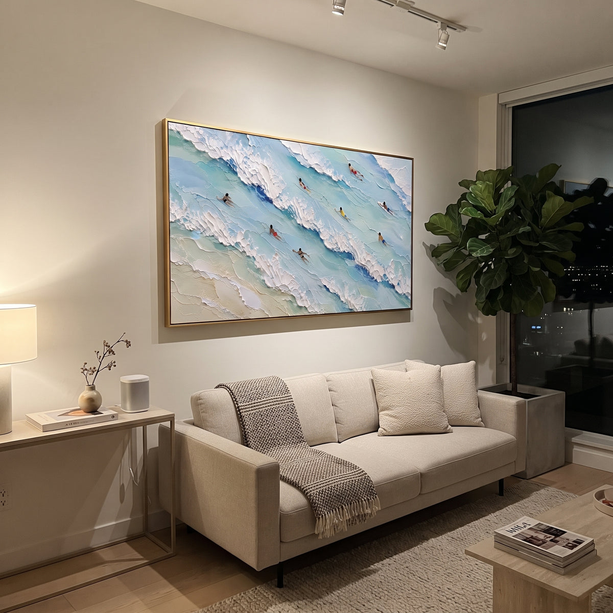 Blue Swimmers Surf focuses on this hand-painted textured canvas features an aerial surf scene with swimmers, pale blue water, raised white wave bands, and sandy shoreline texture. The composition is described from the actual main image, so the visible subject, color balance, spacing, and surface movement stay specific to this product instead of reading like a batch title. Raised palette-knife layers, sculpted impasto ridges, softened brush transitions, and tactile handmade texture give the