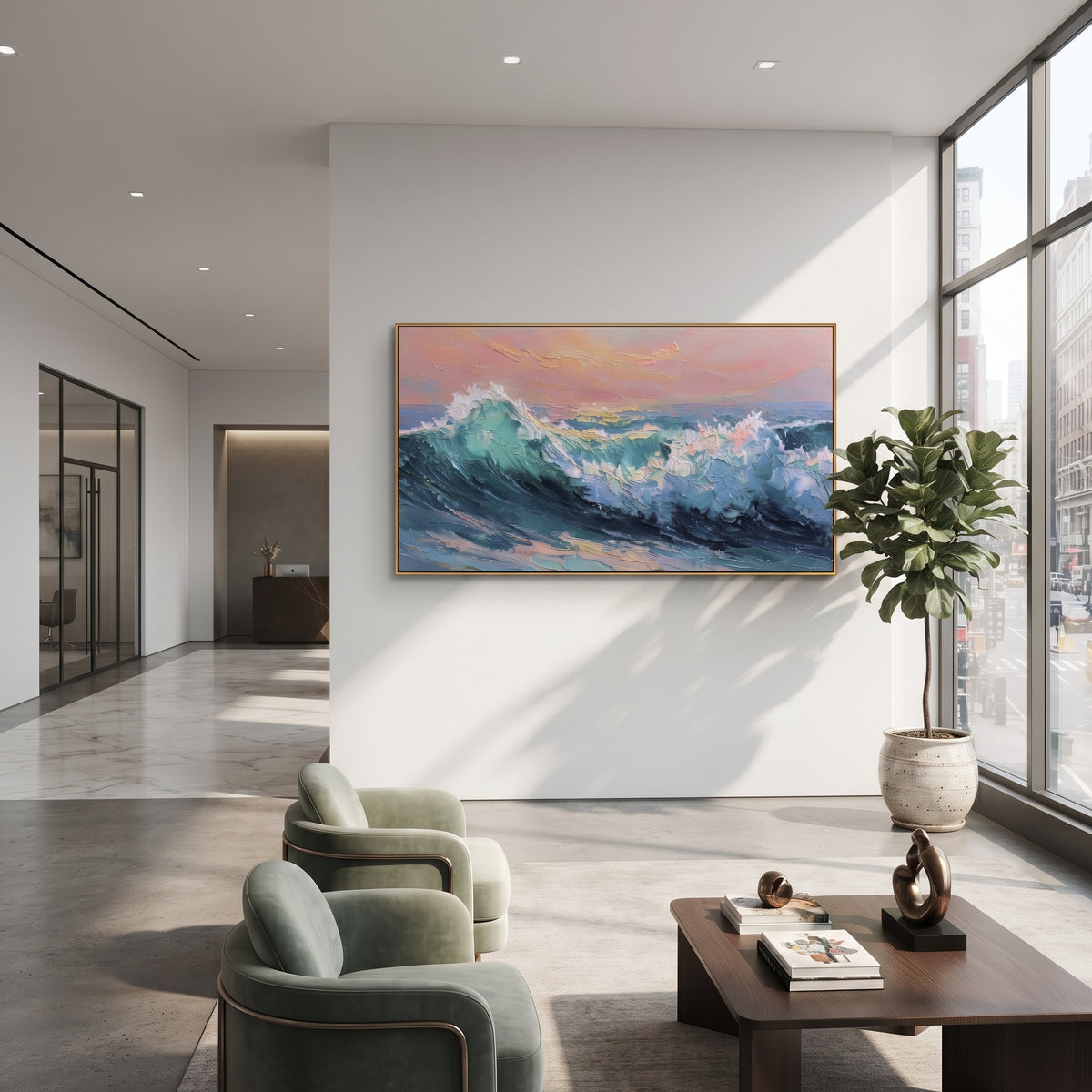 Pink Sunset Wave focuses on this hand-painted textured canvas features a dramatic teal-blue wave under a pink sunset sky with thick impasto foam and colorful surf movement. The composition is described from the actual main image, so the visible subject, color balance, spacing, and surface movement stay specific to this product instead of reading like a batch title. Raised palette-knife layers, sculpted impasto ridges, softened brush transitions, and tactile handmade texture give the canvas